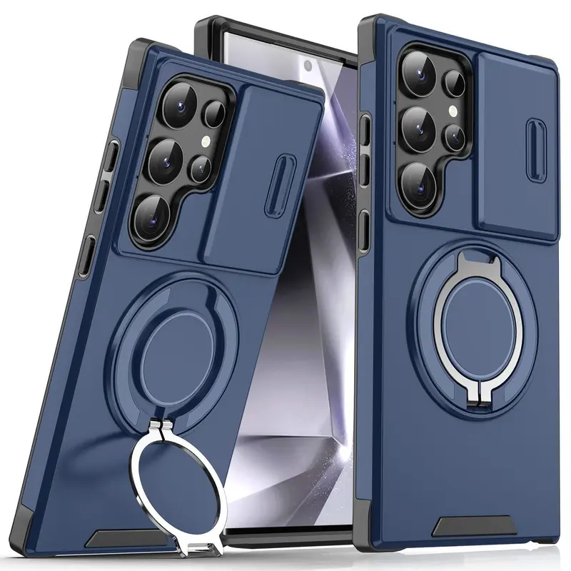 StarTU Magnetic Protective Cellphone Case for Samsung Galaxy S26-S25-S24-S23-S22-S21, Shockproof Rugged Casing Accessory with Slide Camera Lens Cover, 360° Rotating Ring Holder, Screen Protector