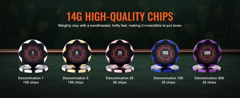 VEVOR Poker Chip Set, 300-Piece Poker Set, Complete Poker Playing Game Set with Carrying Case, Heavyweight 14 Gram Casino Clay Chips, Cards, Buttons and Dices, for Texas Hold'em, Blackjack, Gambling