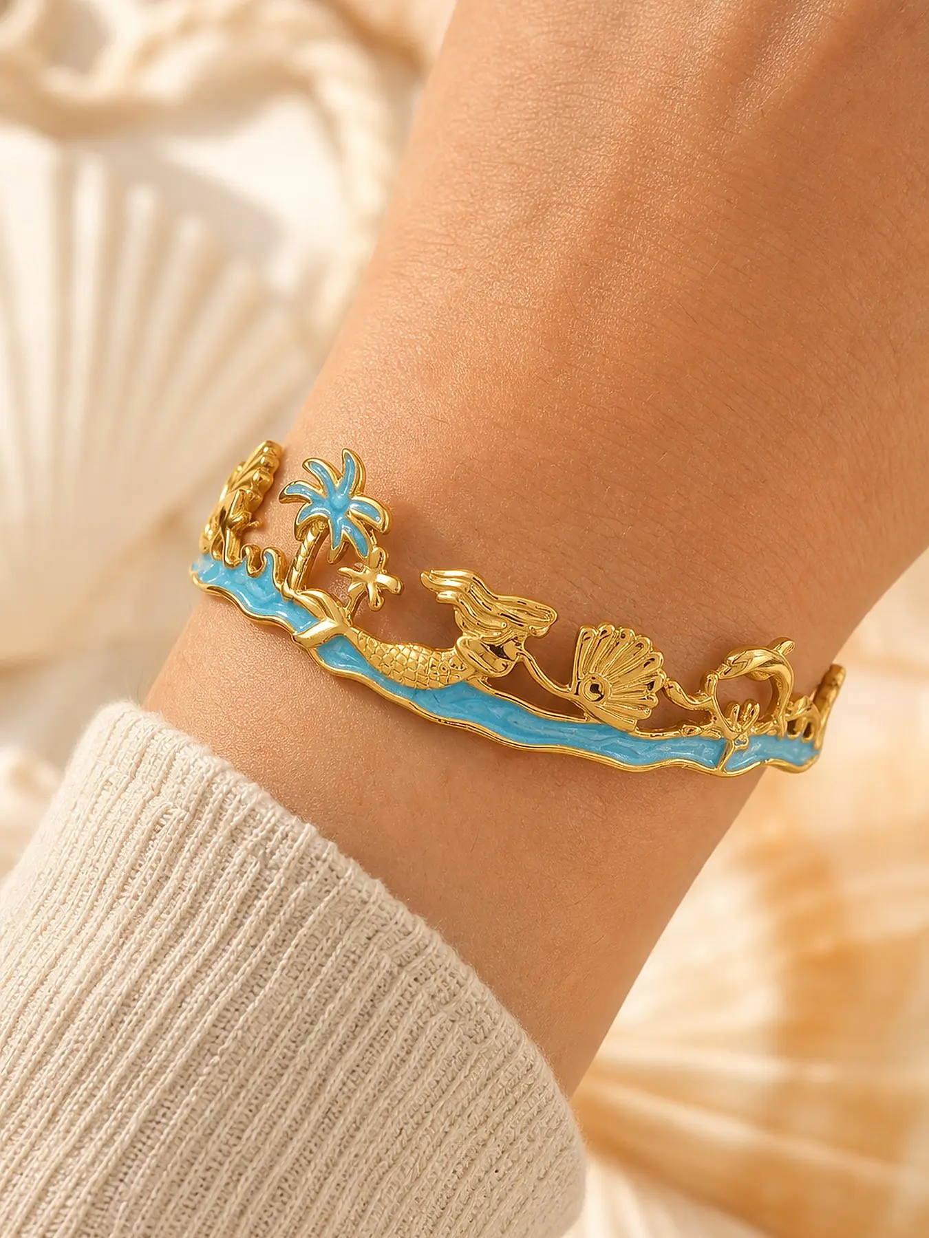 Vintage Gold Starfish Bracelet, Beach Style Blue Glaze Wide Bangle, Unique Spiral Hollow Out Stackable Open Cuff Ring