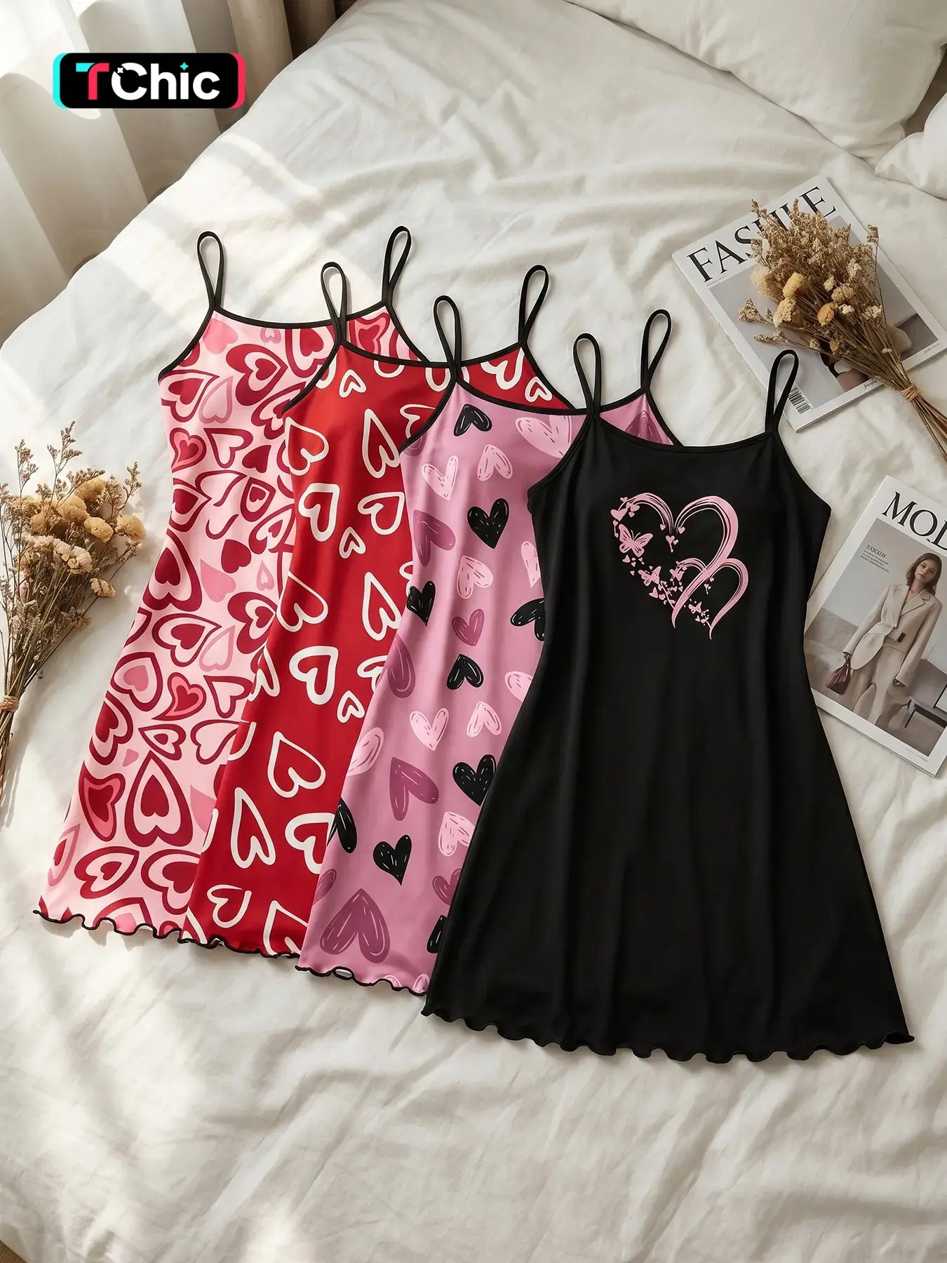 Women's 4 Pack Cami Sleeveless Nightgowns Nightdress Sleepwear, Spring Summer Wear, Valentine Romantic Heart Butterfly Print Ruffle Hem, Sweet Romantic Style, Casual Sleepwear for Home & Date Night