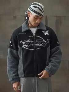 Men's Streetwear American Style Patchwork Jacket, Embroidered Floral Design, Comfortable Daily Wear, Fall Winter Unisex Outerwear
