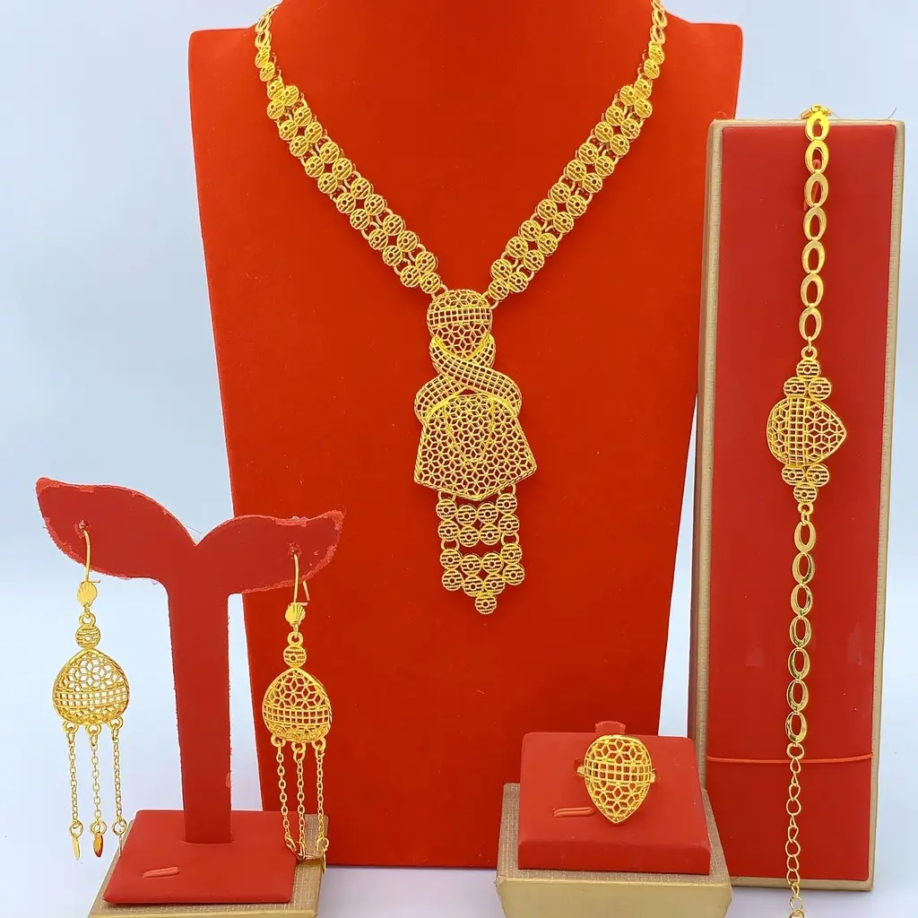 4-Piece Filigree Tassel Gold Jewelry Full Set | Necklace Earrings Ring Bracelet, Dubai Style 24K Gold Plated Bridal Statement Accessories For Wedding Formal Events