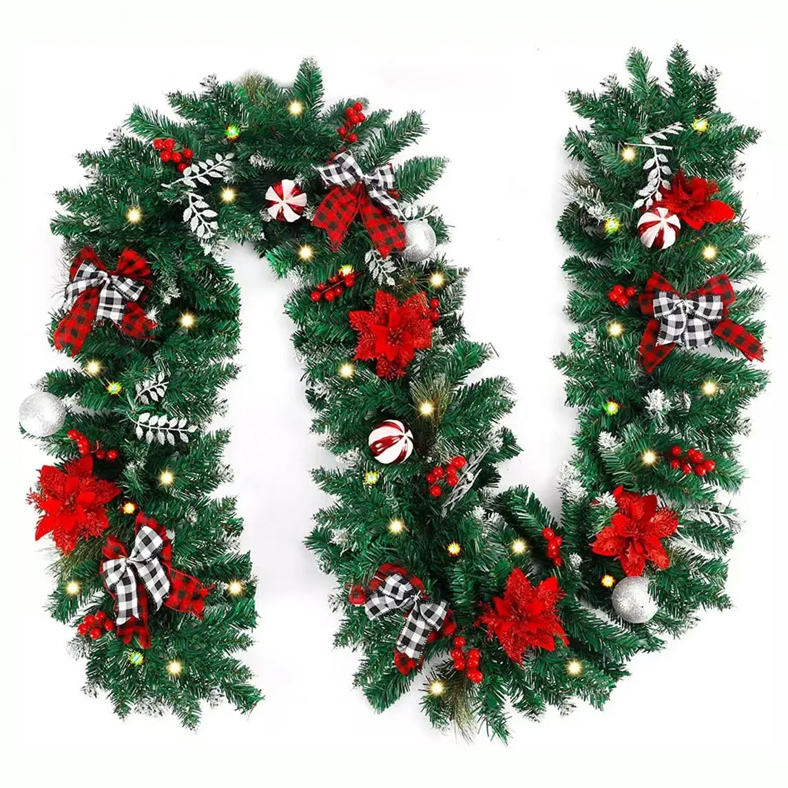 30-LED Christmas Decorative Lights – 2026 New Battery-Operated Festive Lights with Berries, Flowers, and Bows; Indoor/Outdoor Christmas Garland for Stairs, Fireplaces, Doors, Windows, and Holiday Decor.
