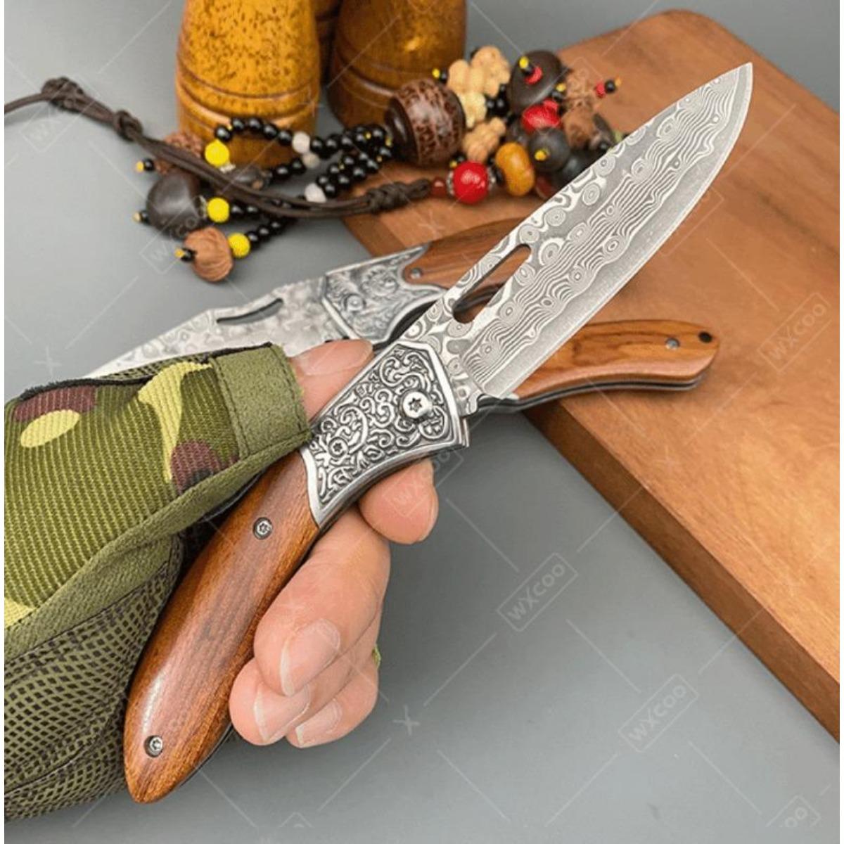 Folding Knife The Wood Handle Pure Manual Damascus Steel Blade Outdoor Camping Pocket Knife