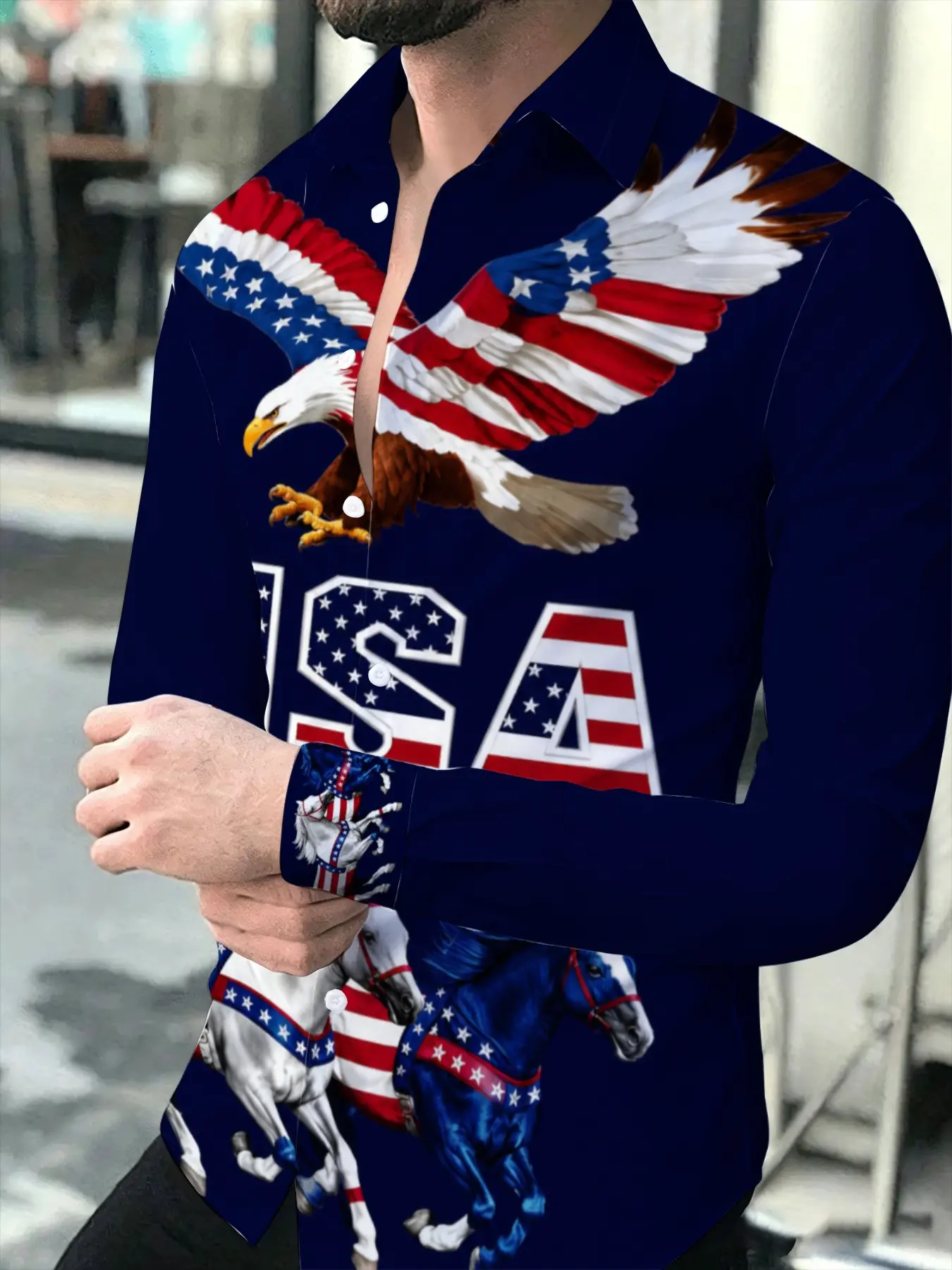 Men's Long Sleeve Collar Shirt, Dark Blue Base with Bald Eagle and Horse Prints Featuring Flag-inspired Patterns, Stylish Button-down Top for Daily and Casual Occasions, Printed Party Activewear for Everyday Wear