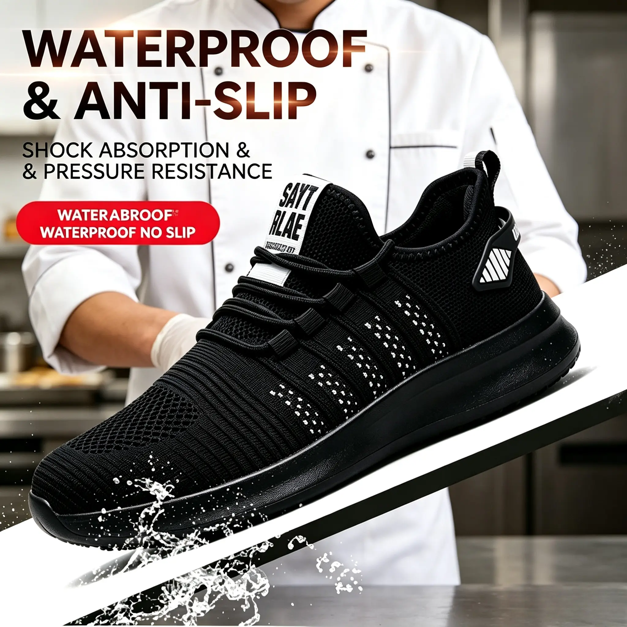 Unisex Flyknit Chef Work & Safety Footwear, Nonslip Work Shoes, Waterproof Workwear Shoes, Oil-Resistant Shock-Absorbing Athletic Kitchen Sneakers, Lace, Four Seasons