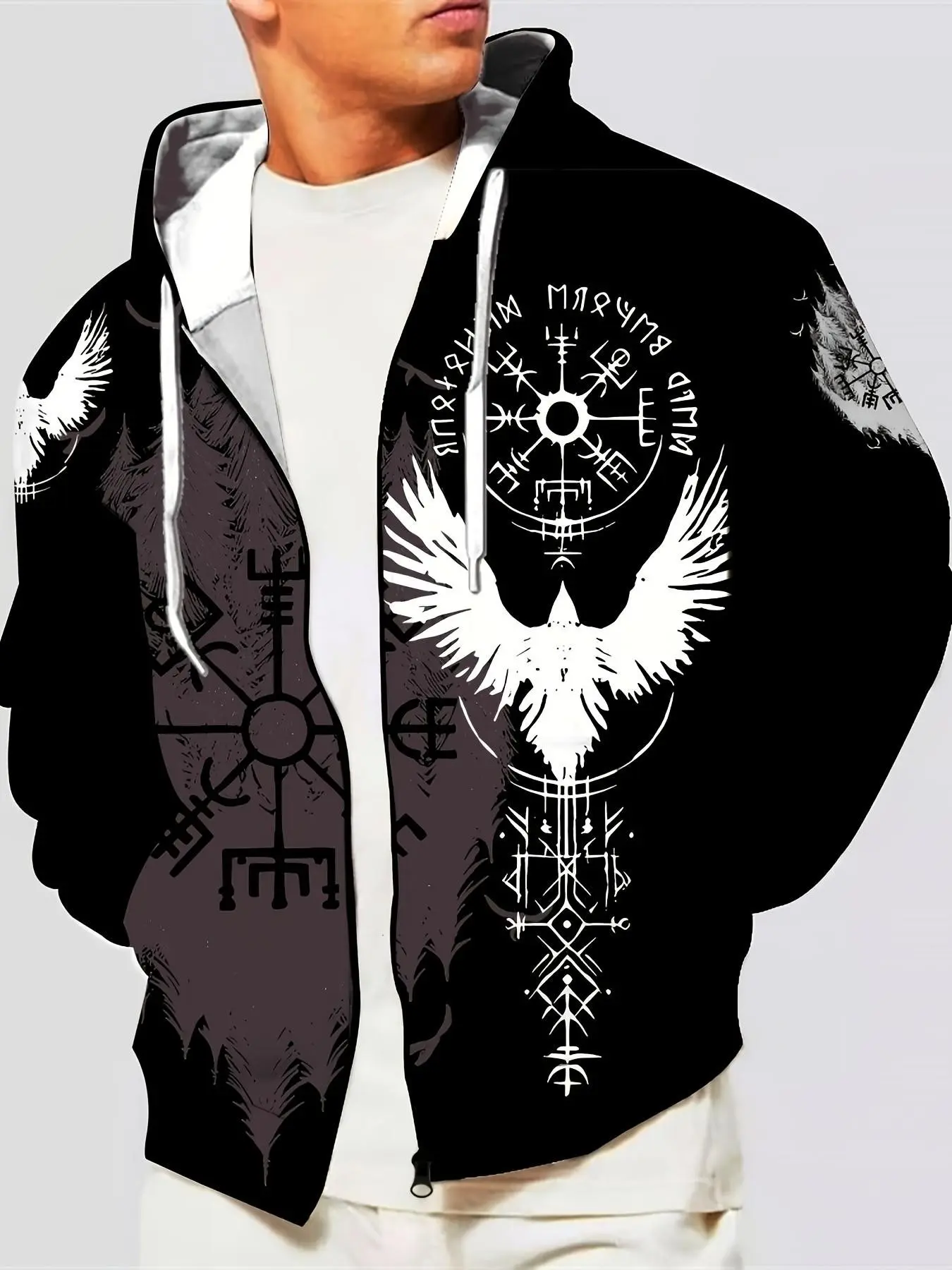 Men's Viking Rune Crow Forest Print Zipper Hoodie, Drawstring Hooded Jacket, Casual Loose-Fit Ethnic Pattern Sweatshirt for All Seasons