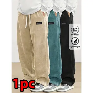 Men's Spring & Autumn Elastic Waist Corduroy Pants, Fashion Drawstring Retro Straight Leg Casual Sweatpants Sports