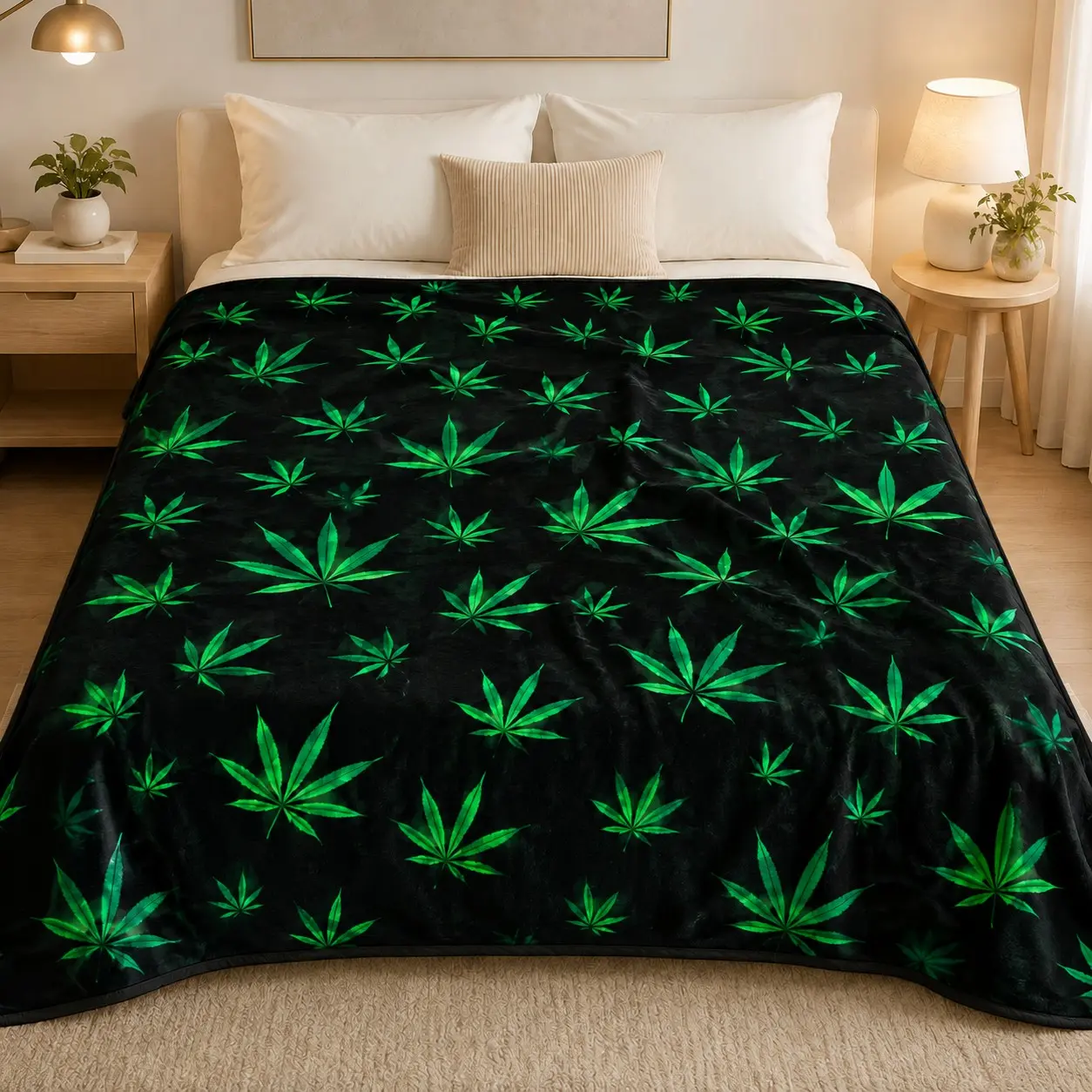 Base Leaf Plant Print Flannel Throw Blanket, Soft Thick Warm Skin-Friendly High-Definition Print, Bedroom Living Room Sofa Nap Cover