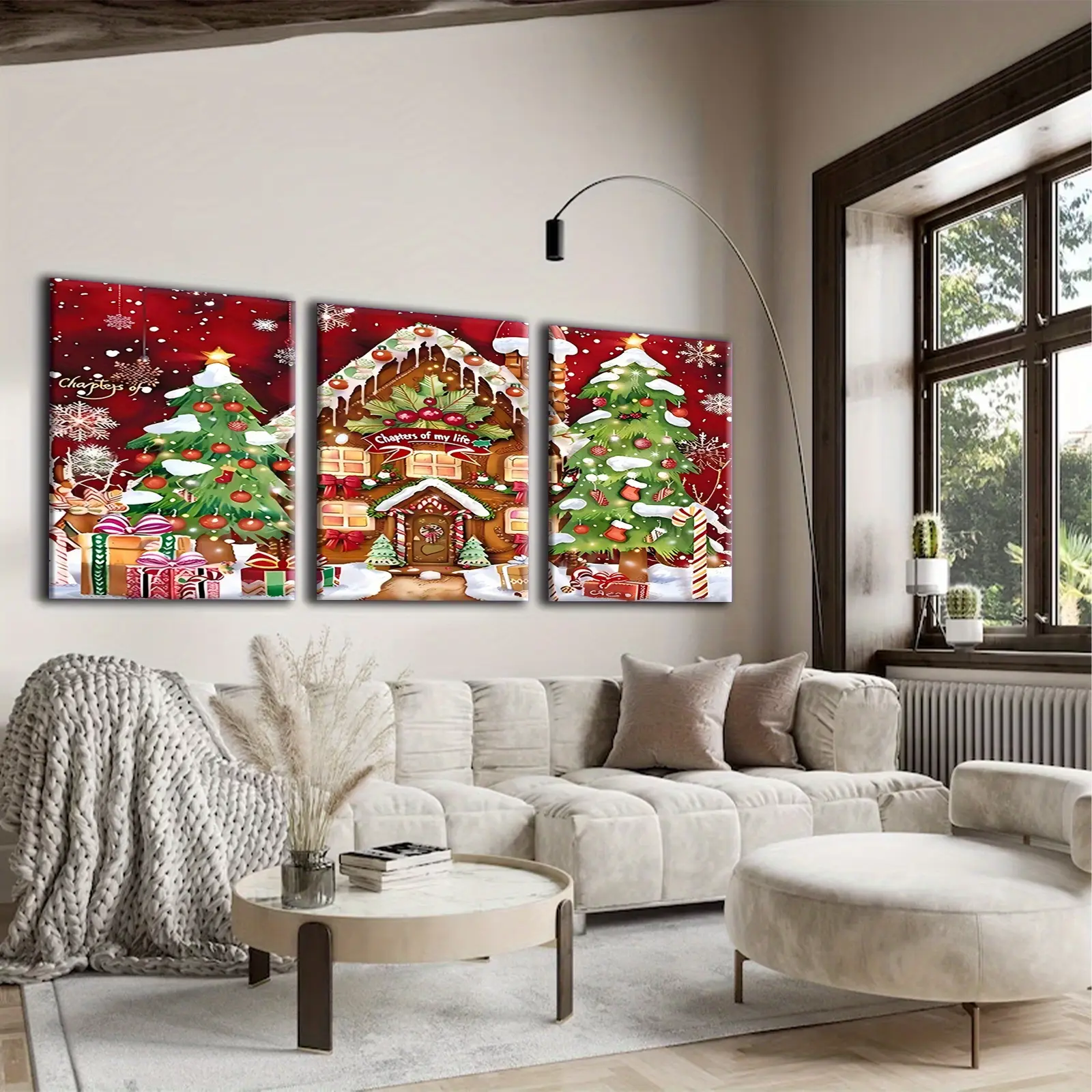 Christmas Gingerbread House 3-Piece Canvas Wall Art - Framed, Ready To Hang - For Living Room - Perfect Gift For Housewarming Christmas Easter - Wall Decor, Home Decoration