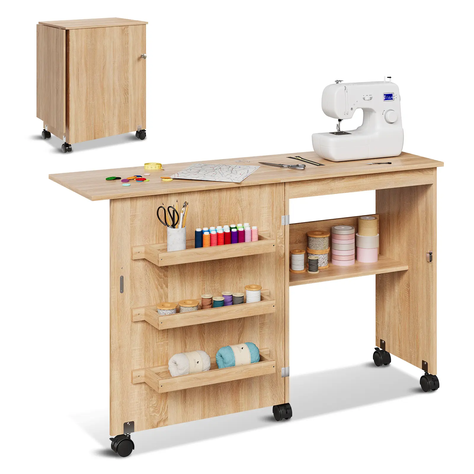 Space-Saving Folding Sewing Table – Multipurpose Craft Desk with Lockable Wheels, Magnetic Locks, Storage Trays, Pegs & Open Shelf – Ideal for Home or Apartment
