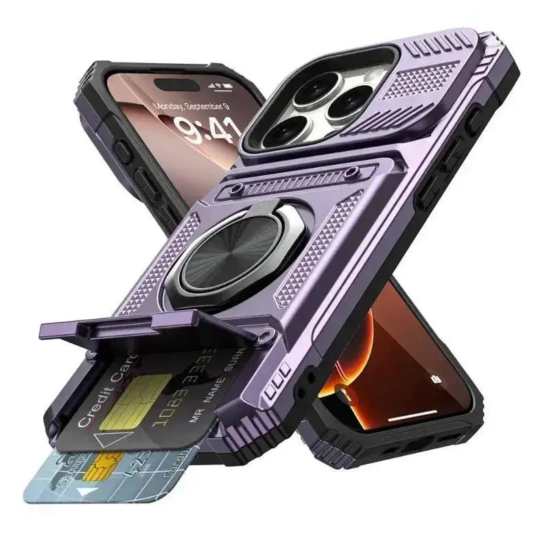 Luxury Heavy-Duty Magnetic Rotatable Ring Holder Phone Case - Shockproof, Anti-Drop Protector Cover with Wallet Protection, Full Port Access, Fits iOS iPhone Series (17,16,15,14 Plus,13 Pro Max) - Mobile Phone Accessory