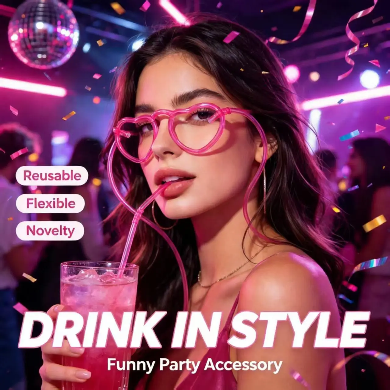 Heart Shaped Glasses Straw, Funny Novelty Drinking Straw, Fun Party Accessory for Bachelorette Birthday Events, Unique Gift Idea