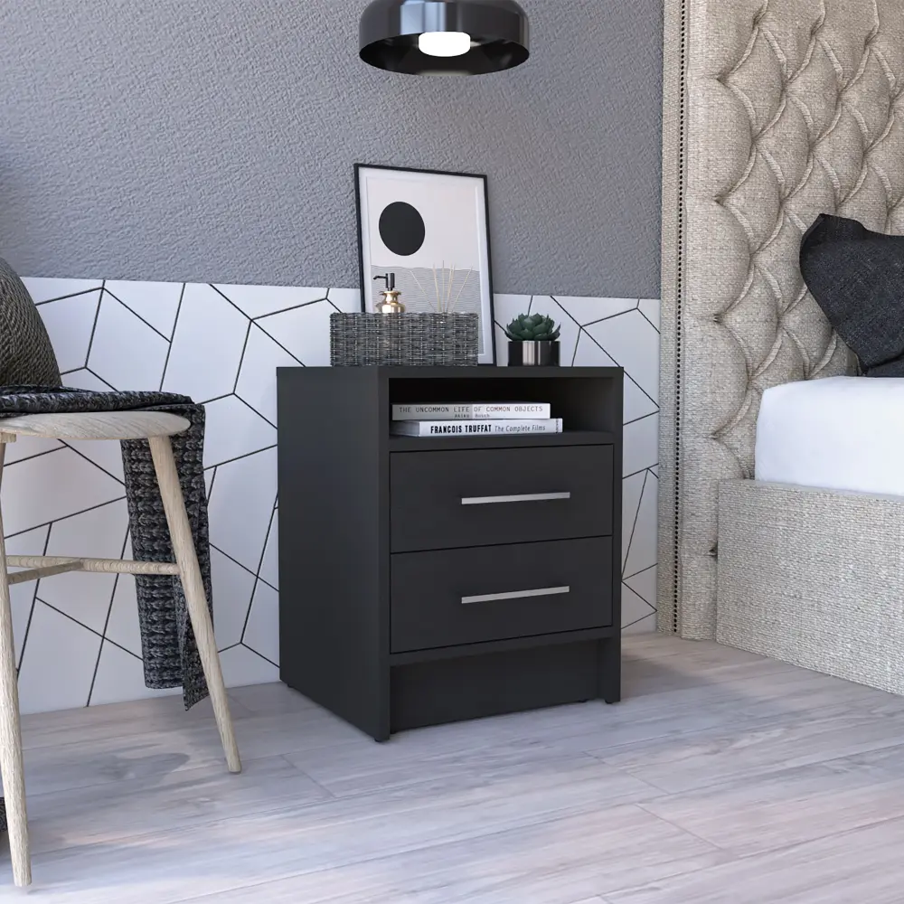 ARCH Nightstand with 2 Drawers and Open Shelf, 19.9" High Bedside Table for Bedroom, Particle Board, Metal Handles, Black Finish, Compact Storage Cabinet for Small Spaces, Single Box, Black Color Options, Particle Board Material, Product Dimensions