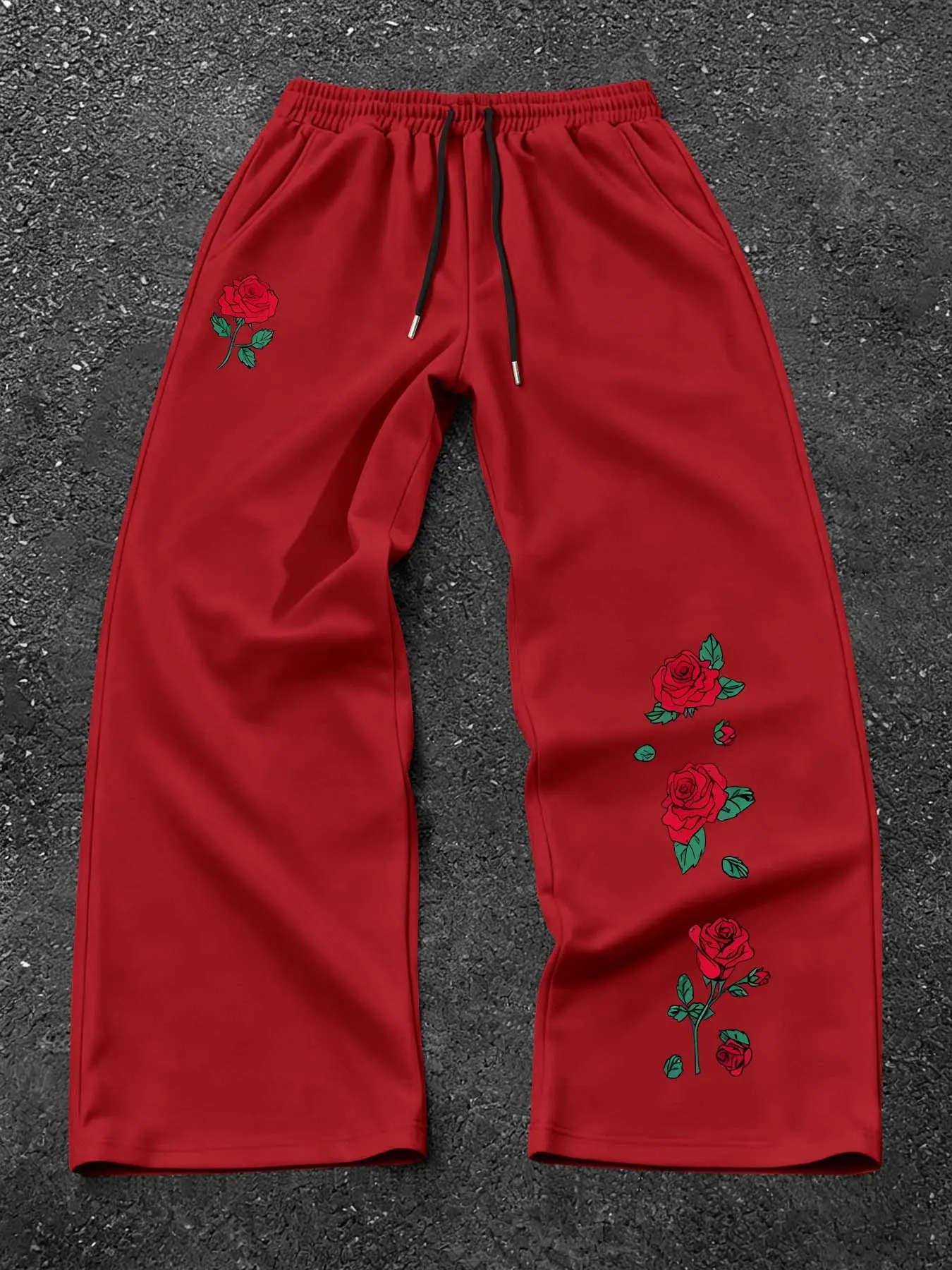 Men's Wide Leg Sweatpants, Vintage Rose Print, Loose Fit Drawstring Long Pants, Casual Fall & Winter Trousers, High Street Fashion