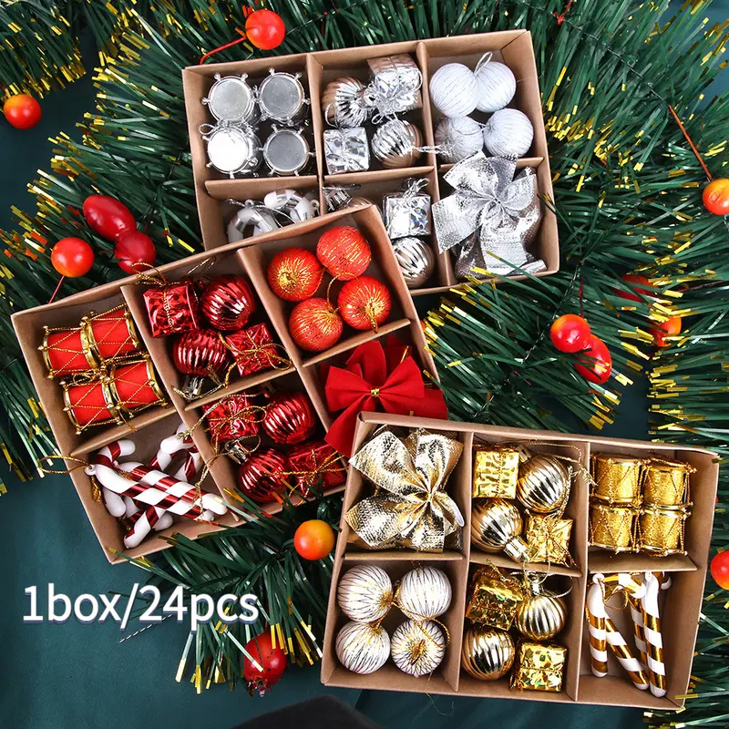 24-piece gift box set of plastic mini Christmas balls, cane ornaments, Christmas tree mini bow decorations, Christmas hanging decorations