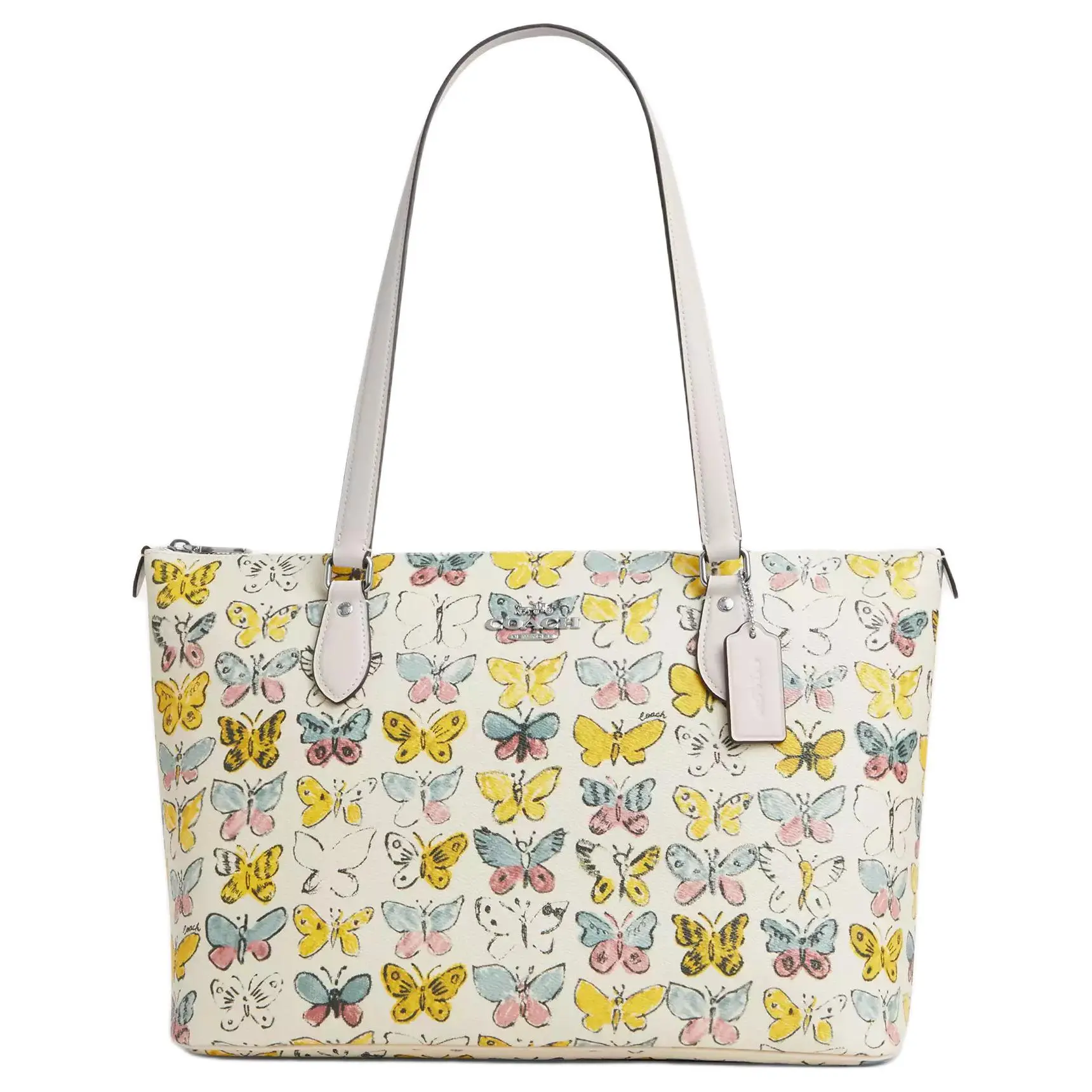 COACH Gallery 36 Butterfly-Print Coated Canvas Tote Bag for Women, Silver and Chalk Pink