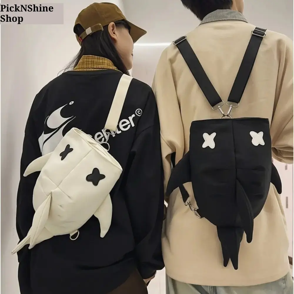 Quirky Shark Backpack & Crossbody Bag, Alt Streetwear Canvas Matching Bags for Couples & Besties, Y2K Aesthetic