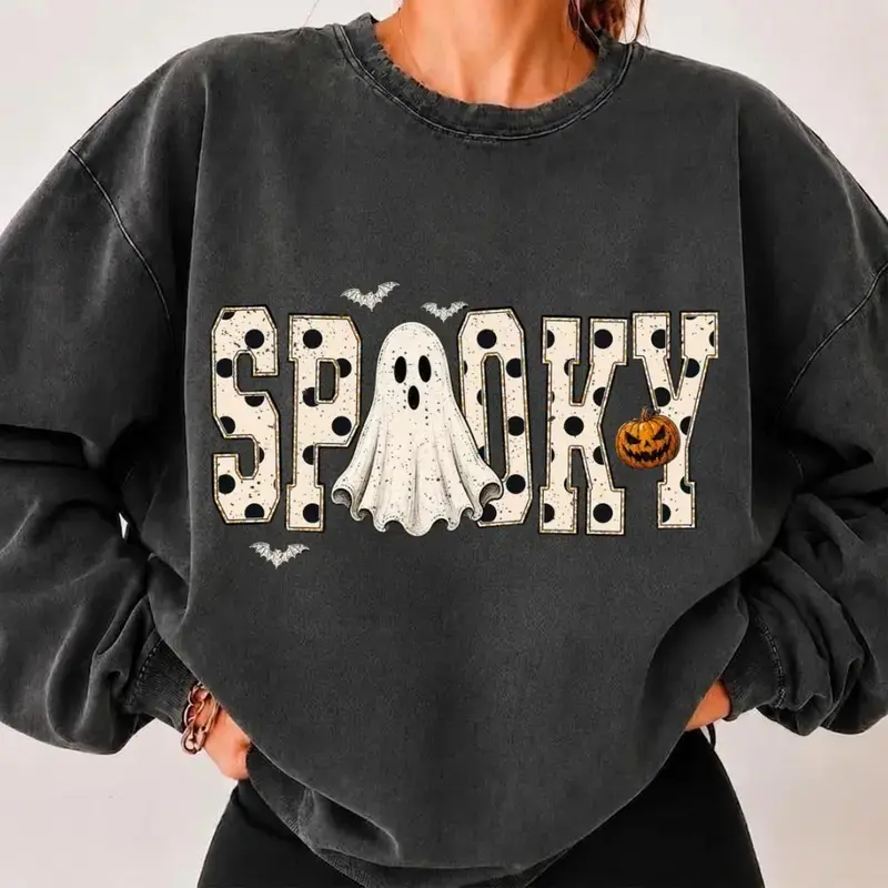 Retro Spooky White Dots Printed Sweatshirt, Preppy Halloween Ghost Sweatshirt, Pumpkin Halloween Sweater, Spooky Season Sweatshirt, Varsity Sweatshirt, Distressed Ghost Sweatshirt Gift for Women