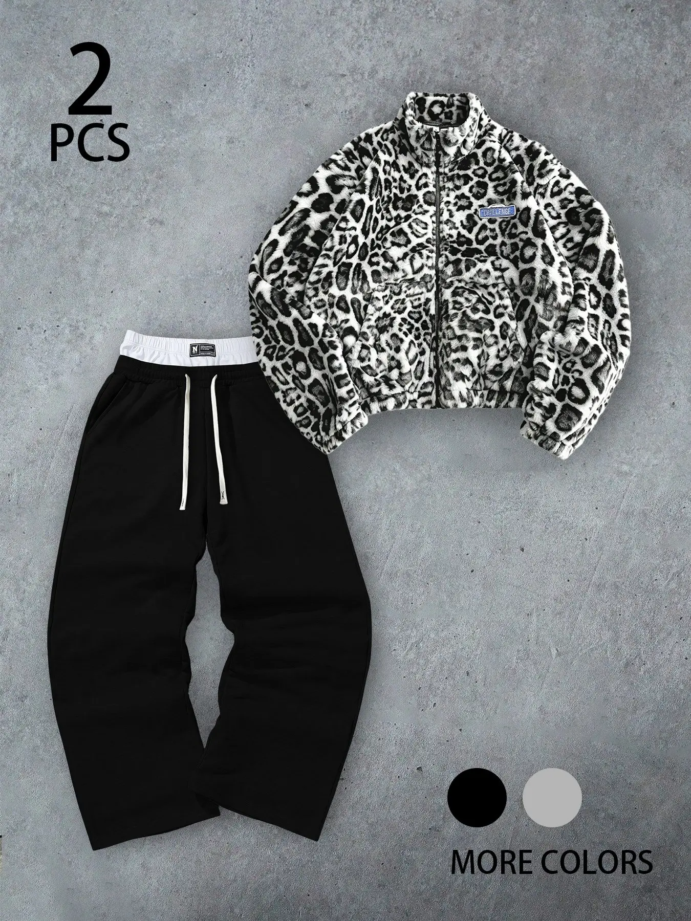 Y2K Leopard Print Faux Fur Fleece Jacket with Double Waistband Wide Leg Pants 2-Piece Set - Trendy Streetwear Stand Collar Zip Up Warm Winter Matching Outfit