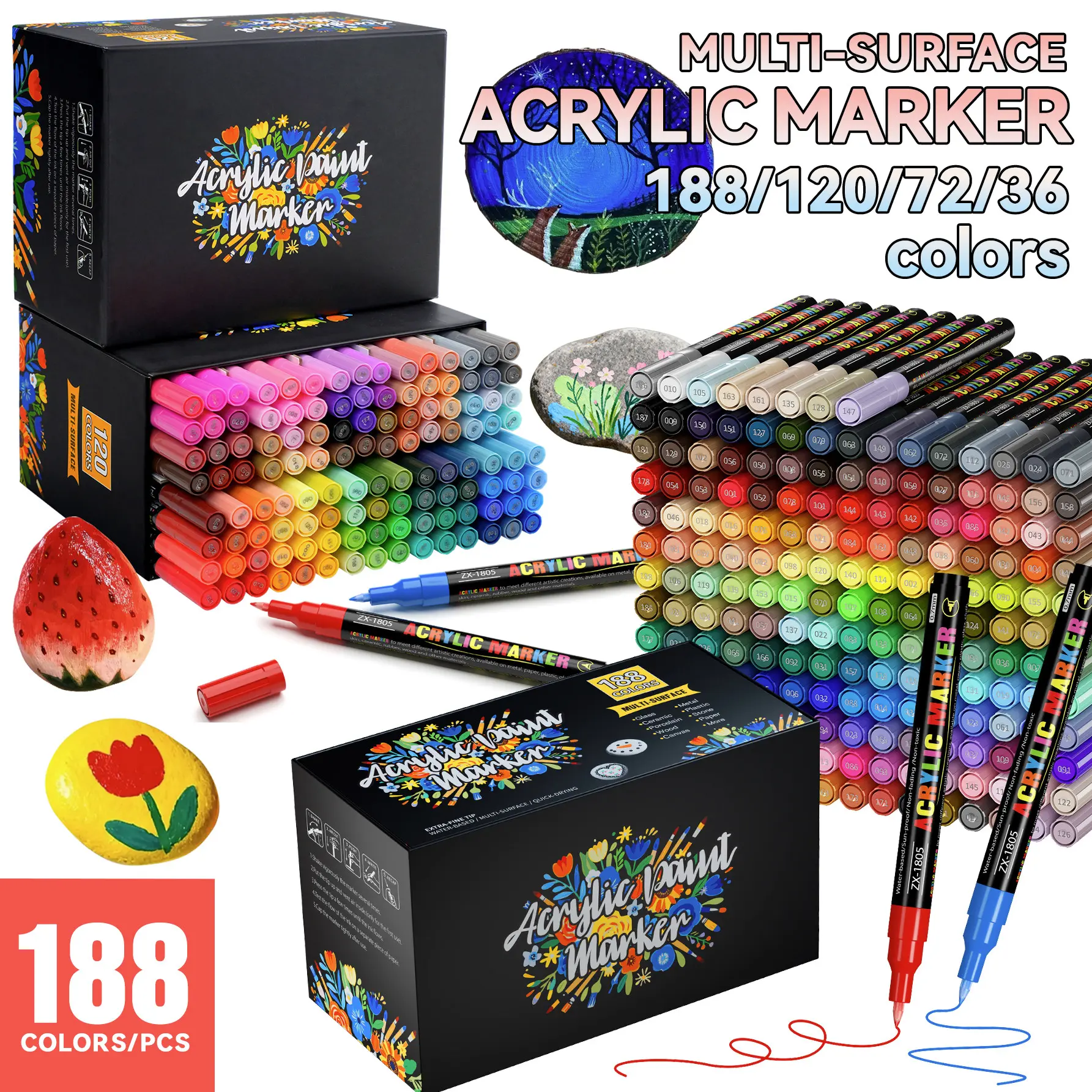 Acrylic Marker Pen Set 36-188 Colors, 0.7mm Fine Tip, Smooth Fast-Drying Ink, Ideal for Glass, Metal, Ceramic, Plastic, Stone, Wood, Paper, Canvas