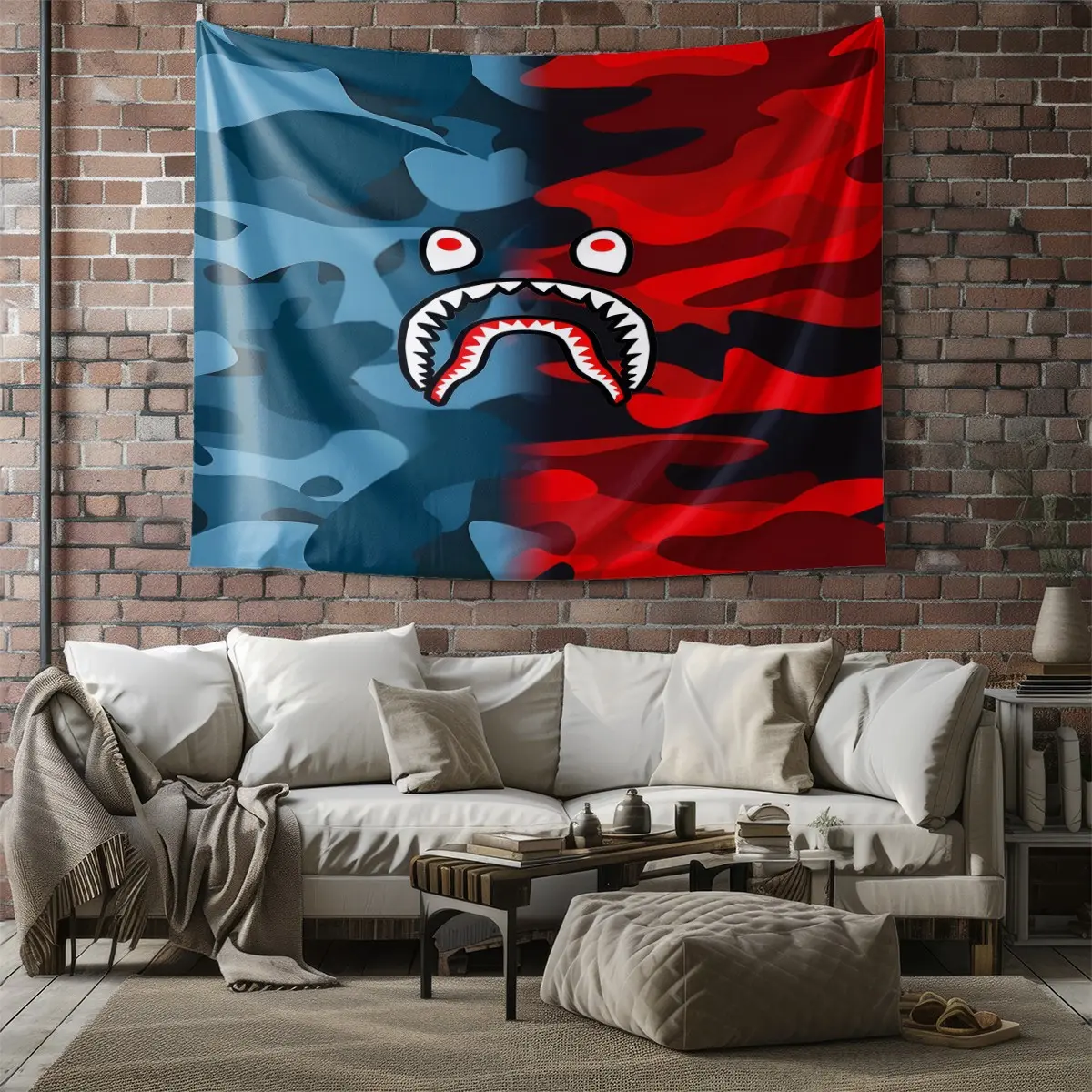 Camouflage Shark Head Pattern Tapestry, 1 Piece Of Fashionable Room Flag, Artistic Home Decoration, Suitable For Teenagers, Adults, Bedroom, Living Room, Dormitory Scene