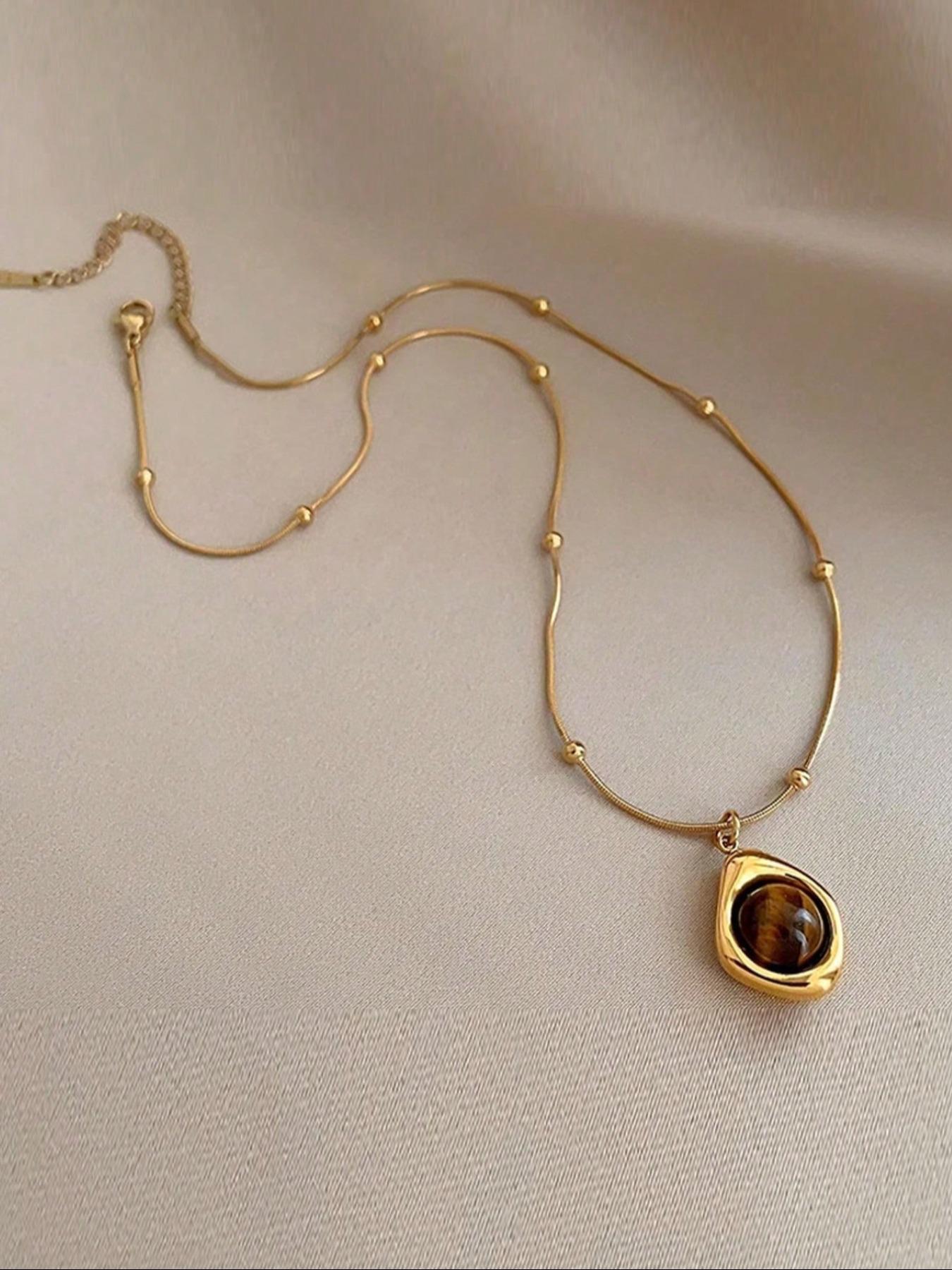 Women's Stainless Steel Necklace Set, Vintage Artificial Tiger's Eye Stone Pendant Jewelry, Artificial Gemstone Necklace for Daily Wear & Gifts, Layered Necklaces, Fashion Accessory Necklace, Fashion Necklace (The color of the stone is random)