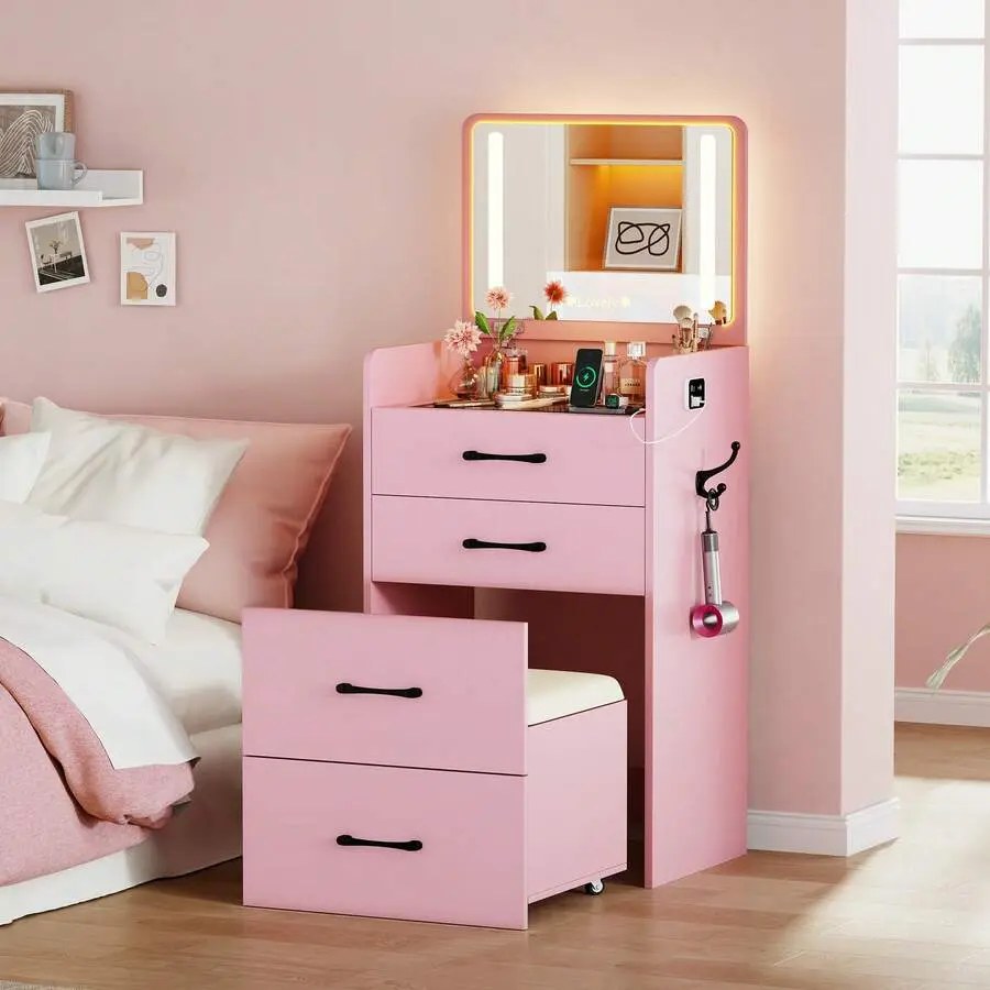 3 In 1 Vanity Desk With Flip Top Mirror And Lights,Modern Glass Top Small Makeup Vanity W/Charging Station & Human Sensor Light,Compact Vanity With 3 Drawers,Cushioned Stool