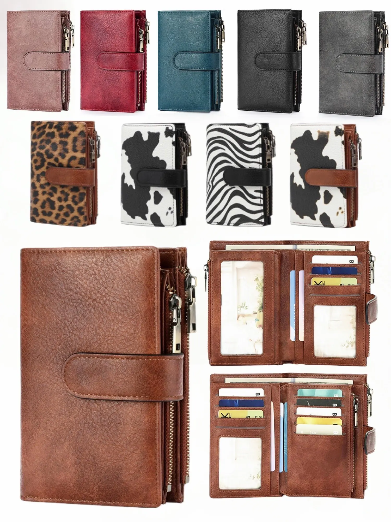 Women Vintage Minimalist Solid Color Double Zipper Short Triple Fold RFID Blocking Wallet, Cow Print Card Purse, Multiple Card Slots, Large Cash Compartment, Clear ID & Photo Window, Portable For Daily Use