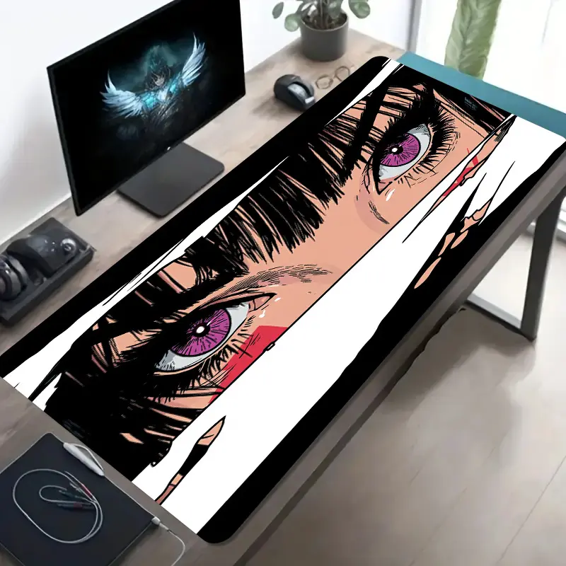 A Large Gaming Mouse Pad Featuring a Close-Up of a Girl with Pink Eyes And Long Black Hair, Designed with a Non-Slip, Washable Rubber Base. This Oversized Desk Mat Is Perfect for Office Additions, Computer Decorations, And Desktop Embellishments