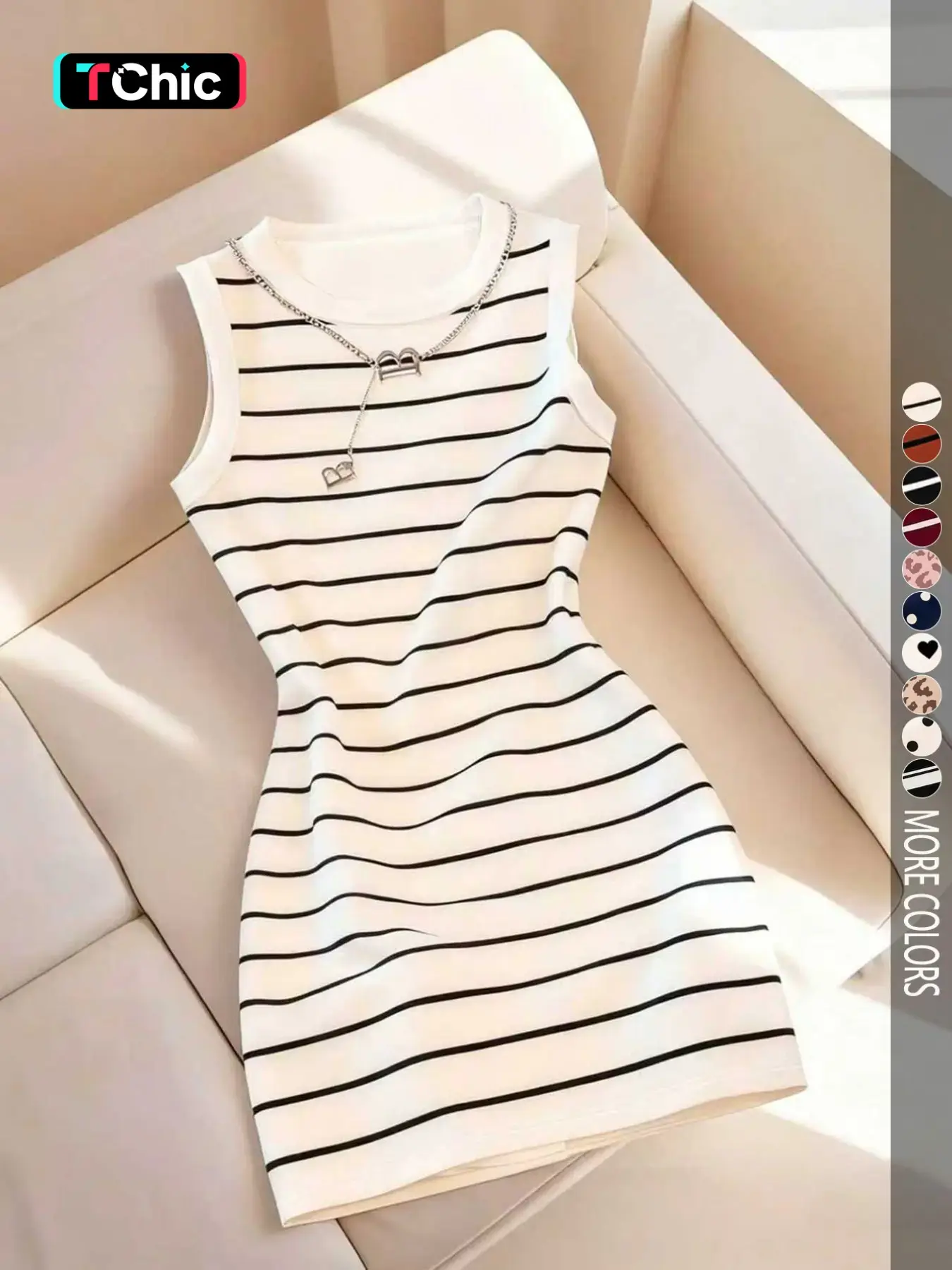 Women's Sleeveless Bodycon Cut Round Neck Dress with Striped Print, Elegant Chic Womenswear Dress for Spring/Summer