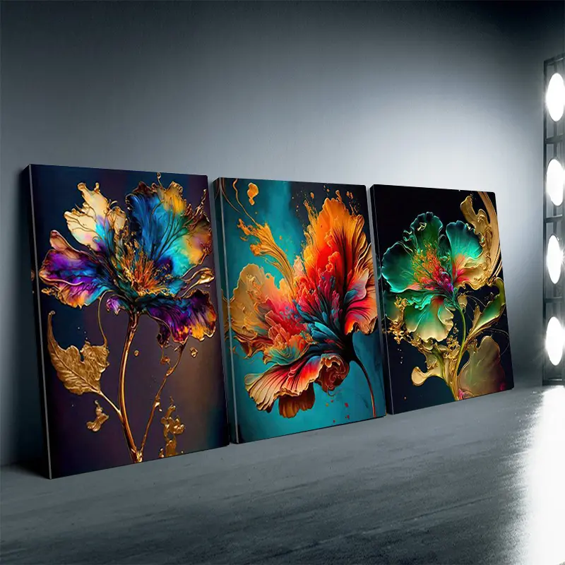 Set of 3 Framed Colorful Abstract Vintage Floral Print Canvas Wall Art - Ready to Hang, Home Decor Gift Idea for Her - Living Room, Office Christmas New Year Decor, Wall Decoration