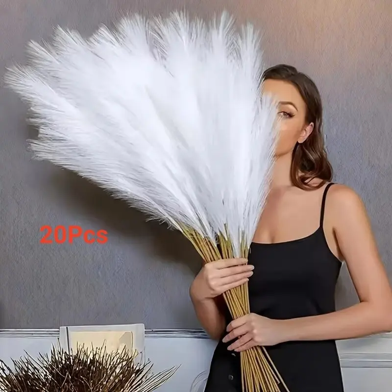 20Pcs Simulated Reed Dried Flowers and Plants, No Shedding Artificial Fluffy Pampas Grass, Living Room Floor Vase Wabi Sabi Style Decorative Ornaments, Wedding Decoration, Artificial Floral Ornaments