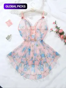 Plus Size Ditsy Floral Print Cut Out Frill Sheer High Low Ruffle Hem Sexy Cami Mesh Dress, Romantic Fashion Casual Sexy Outfits for Daily Outdoor Wear, Women's Plus Size Clothes for All Seasons