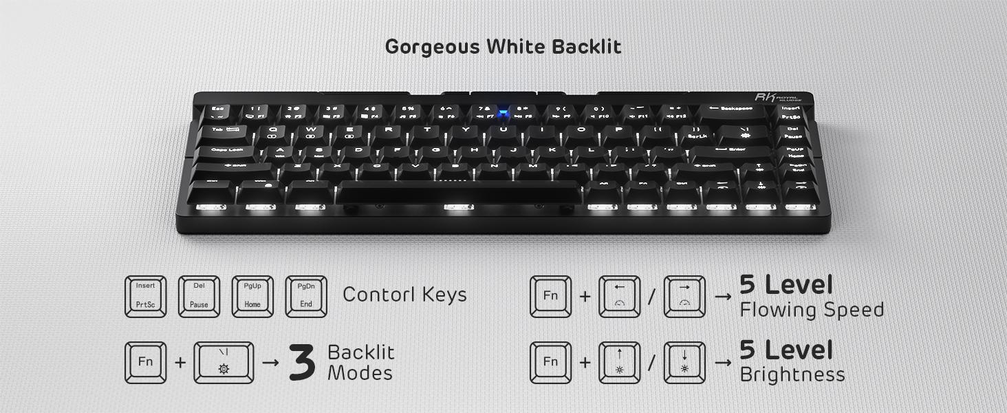 RK ROYAL KLUDGE F68 60% Foldable Low Profile Mechanical Keyboard, Wireless Mechanical Keyboard with Aluminum Body, Built-in Stand Holder, White Backlit, 68 Keys, Quiet Red Switch