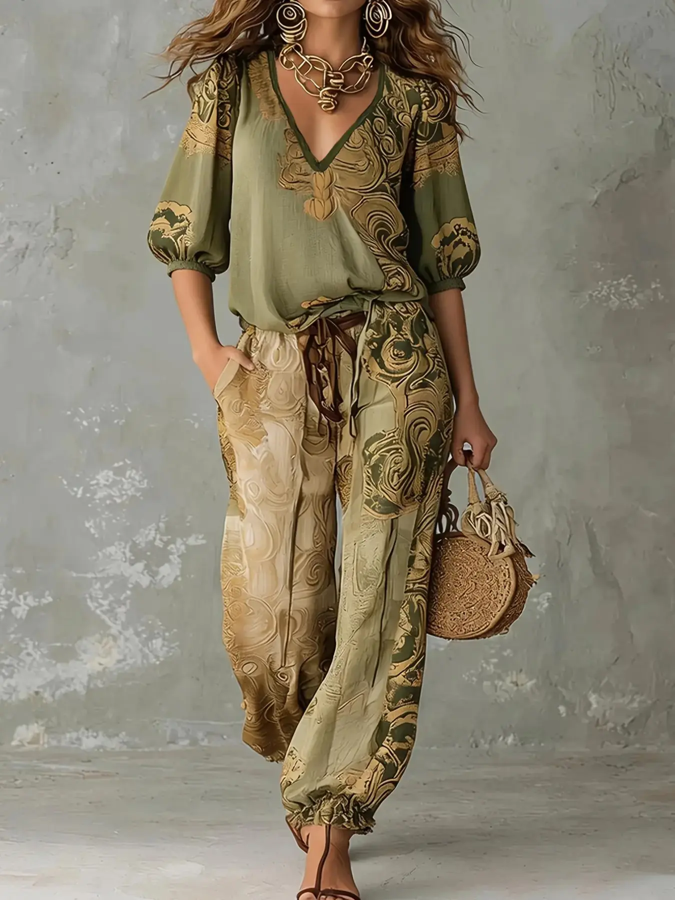 Women's Comfortable Stylish Bohemian Ethnic Print V-Neck Bubble Sleeve Top and Pants Set, Casual Retro Two-Piece Set