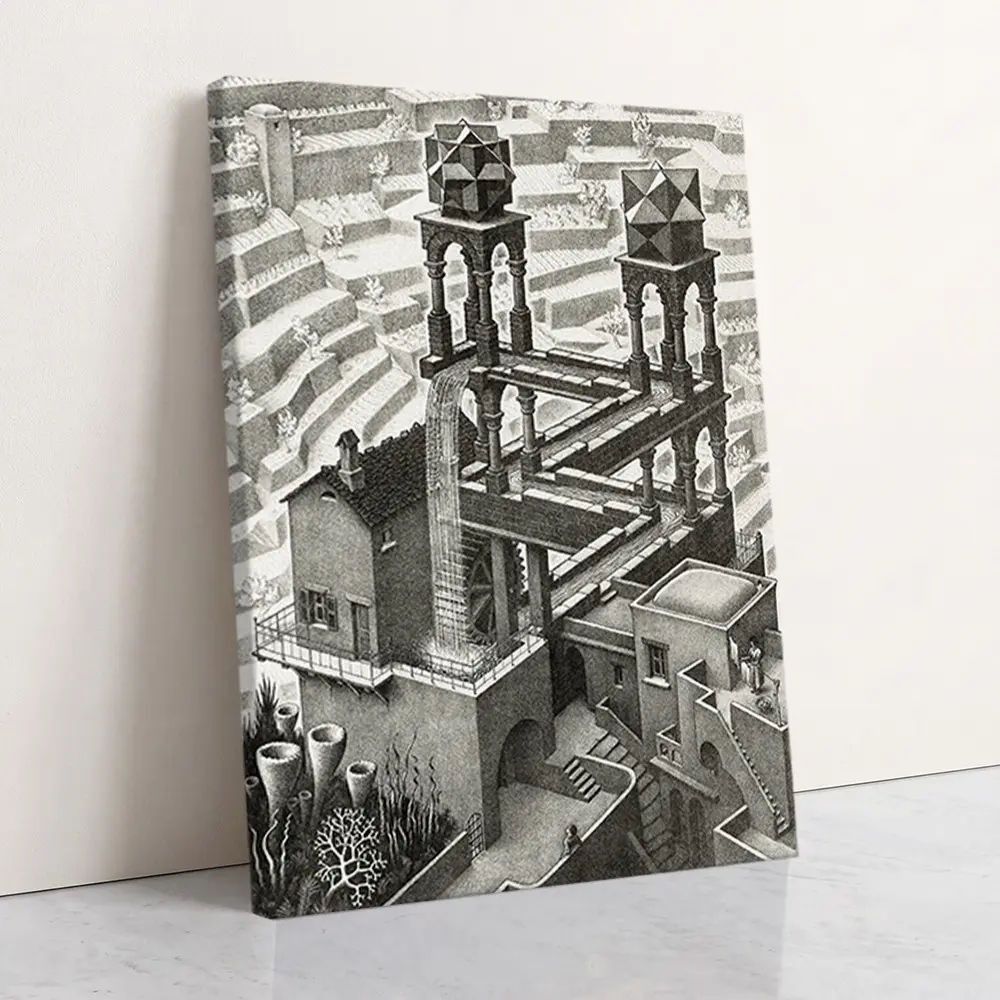 1 Pc, Wooden-Framed Canvas Painting, Black White Surreal Impossible Architecture Waterfall Optical Illusion Sketch Single Canvas Art Home Decor Living Room, Bedroom, Kitchen, Dining Area, Entryway, Office, Fashion Artistic Ornaments, Artwork