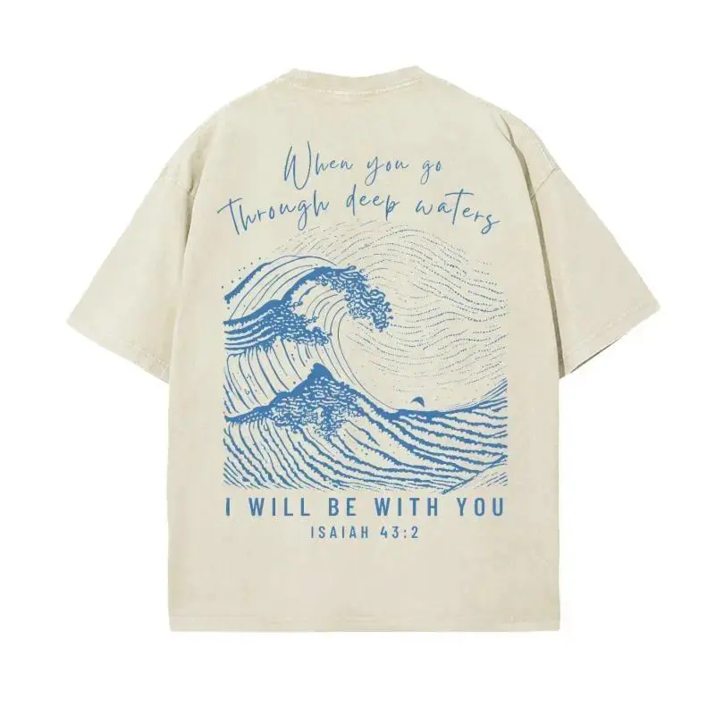 Christian Isaiah 43 2 I Will Be With You Graphic T-Shirt Unisex Vintage Mineral Wash Tee, Faithful Religious Ocean Wave Top, Faith Gift