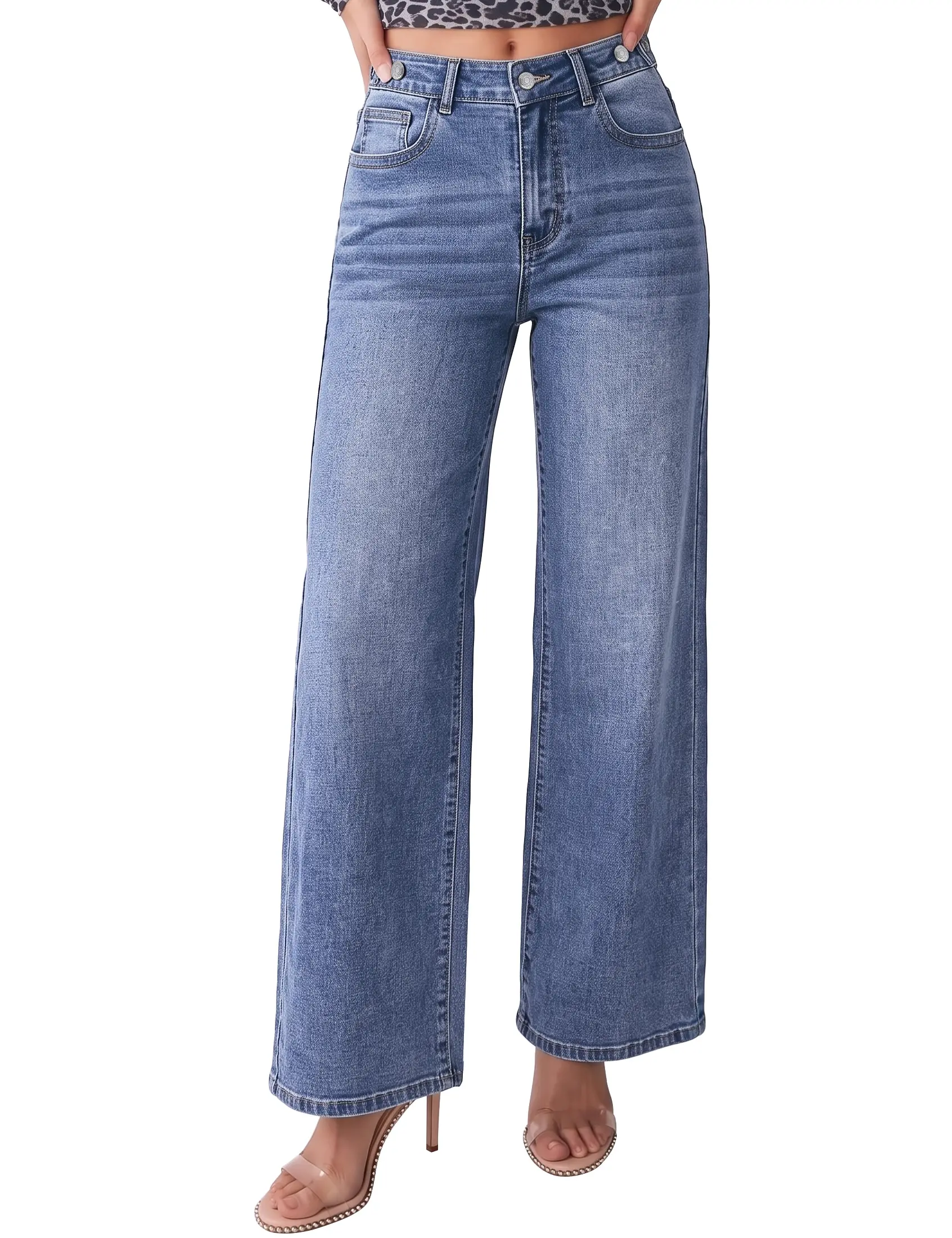 Luvamia Women's High-Waisted Stretchy Wide Leg Denim Bottoms - Adjustable Waist, Button-Zipper Closure, Pockets, 29.5" Inseam, 90s Style Comfy Fabric, Ideal for Country Concert Western Wear