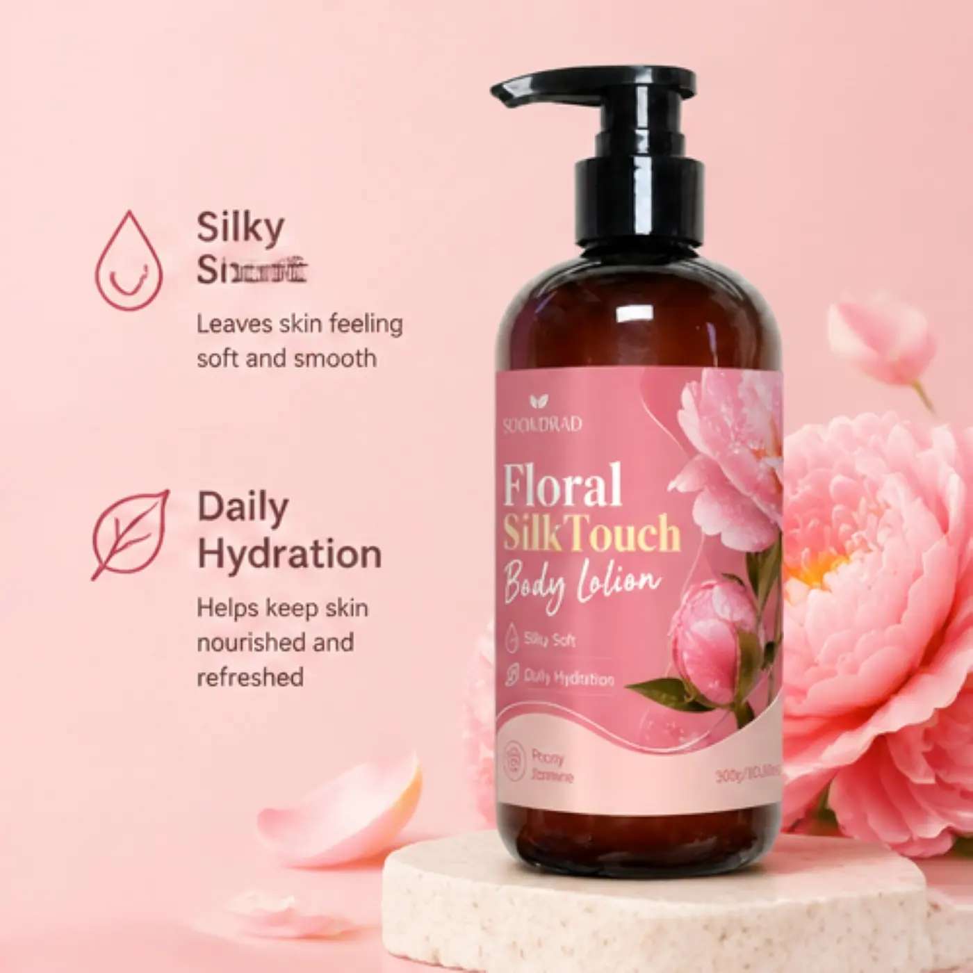 Floral Silk Touch Body Lotion, peony jasmine, silky soft, daily hydration, body care, 300g/10.58oz