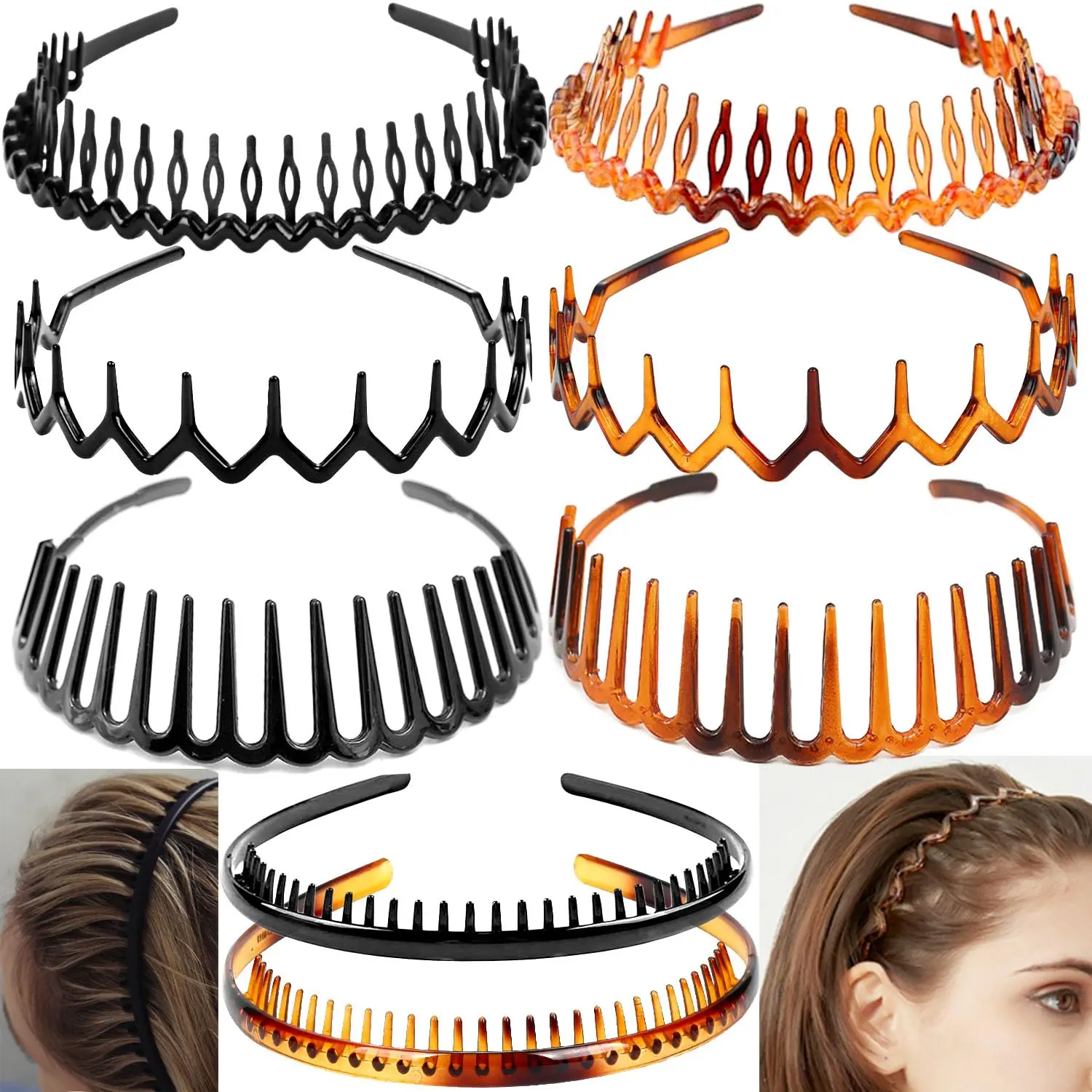 8 count Fashion Effortless Plastic Headbands with  Comb Black Skinny Headbands No Slip Hair Accessories Bands for Women Men Teen Girls, &Bright Black