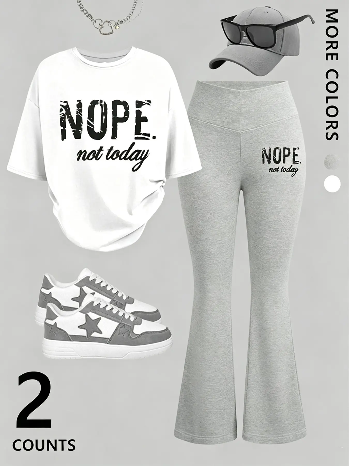 Women's Nope Letter Print Casual Two-Piece Set, Loose Short Sleeve T-Shirt + High Waist Flare Pants, /, Lazy Fashion