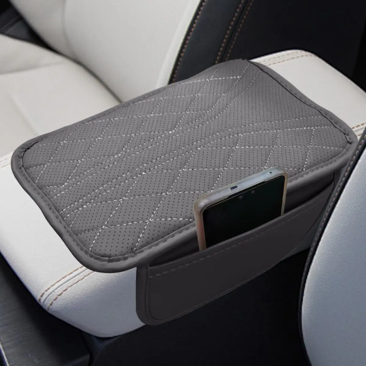 Center Console Cover with 2 Storage Bags - Leather  Armrest Cushion Pad  Middle Console Cover,  Armrest Seat Box Protector Auto Interior Accessories for SUV, , Sedan (Gray)