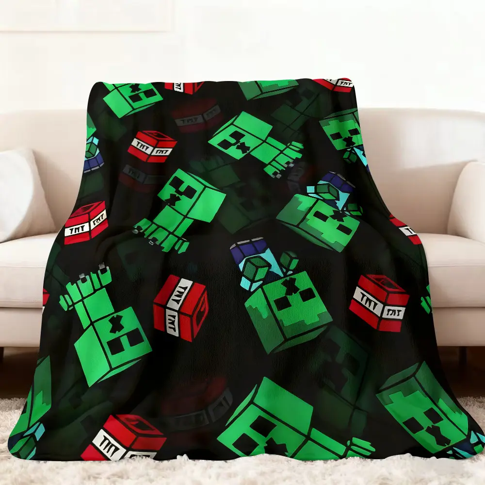 Block-based Game Cozy Minimalist Flannel Blanket, Large Size Plush Throw for Sofa, Bed, Travel - Birthday, Christmas, Valentine's Day Anime Themed Gift, Couch Blanket, Travel Blanket, Cute Pattern, Modern Style, Comfortable Texture