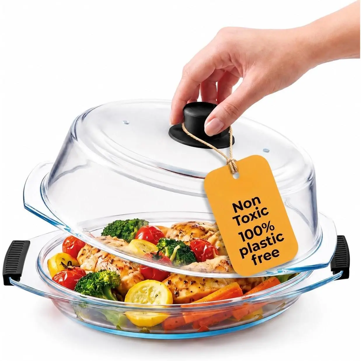 2in1 Glass Microwave Plate and Cover/Splatter Guard Lid, with Easy Grip  handle,   Grade,  and Dishwasher safe (Black)
