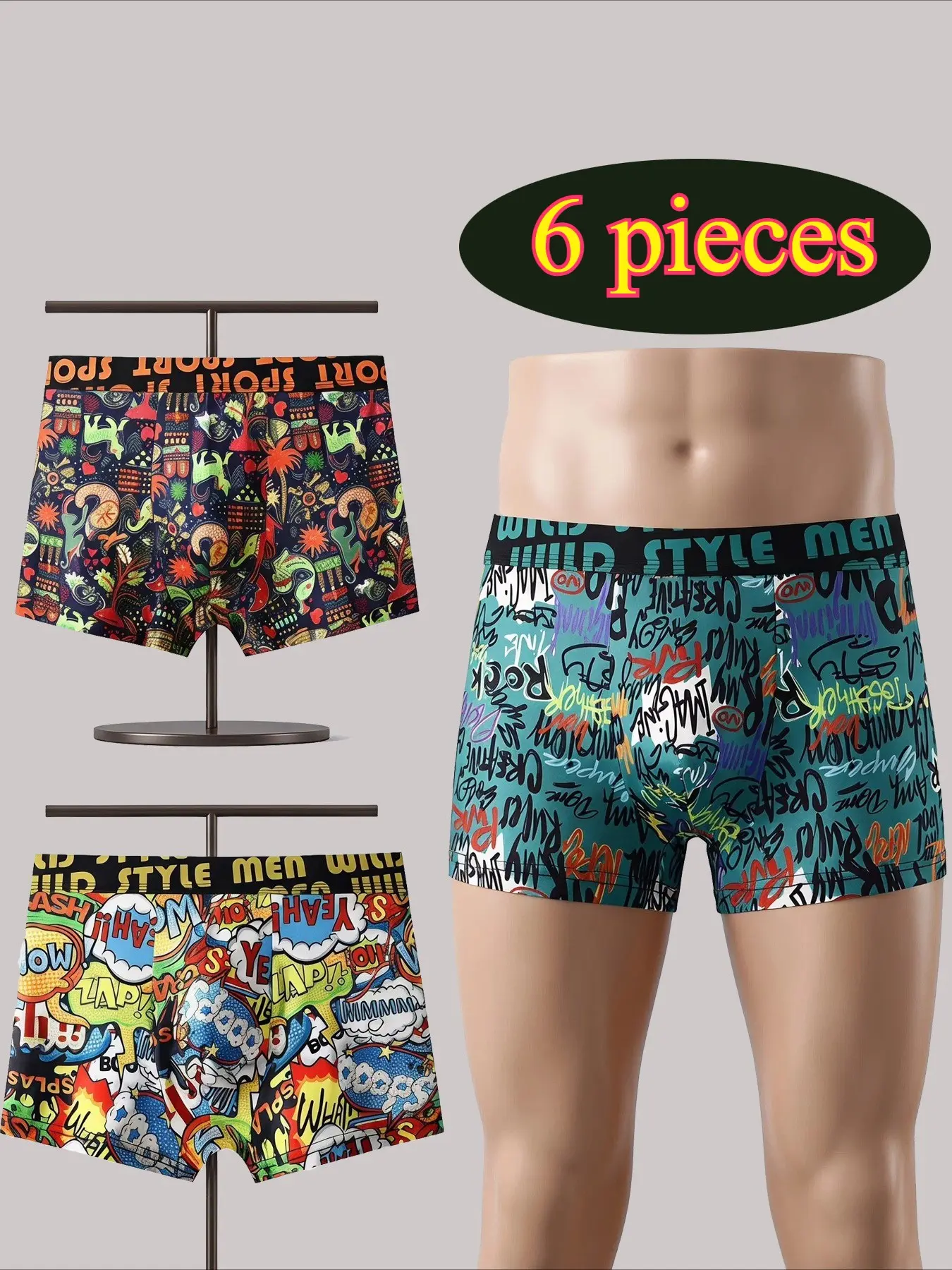 6-Pack Men's Briefs, Streetwear Graffiti Style, Letter Print, Elastic Waist, Breathable Ice Silk, Quick-Dry, Non-Itchy, Daily Wear, Gym, Commute, Novelty Print Briefs