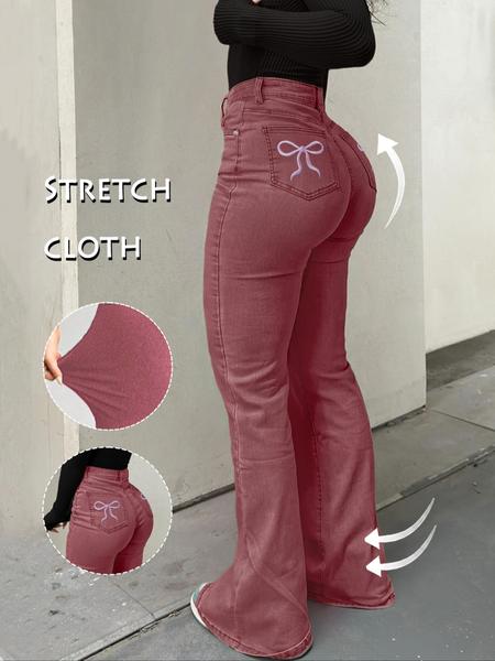 GILIPUR Y2K Women's Casual Denim Flared Pants Back Pocket Embroidered Bow Mother Stretchy Jeans Comfortable And Fashionable Women's Pants For All Seasons Stretchy Jeans Flared Pants Starched Stretchy Jeans Girls Stretch Stretchy Jeans