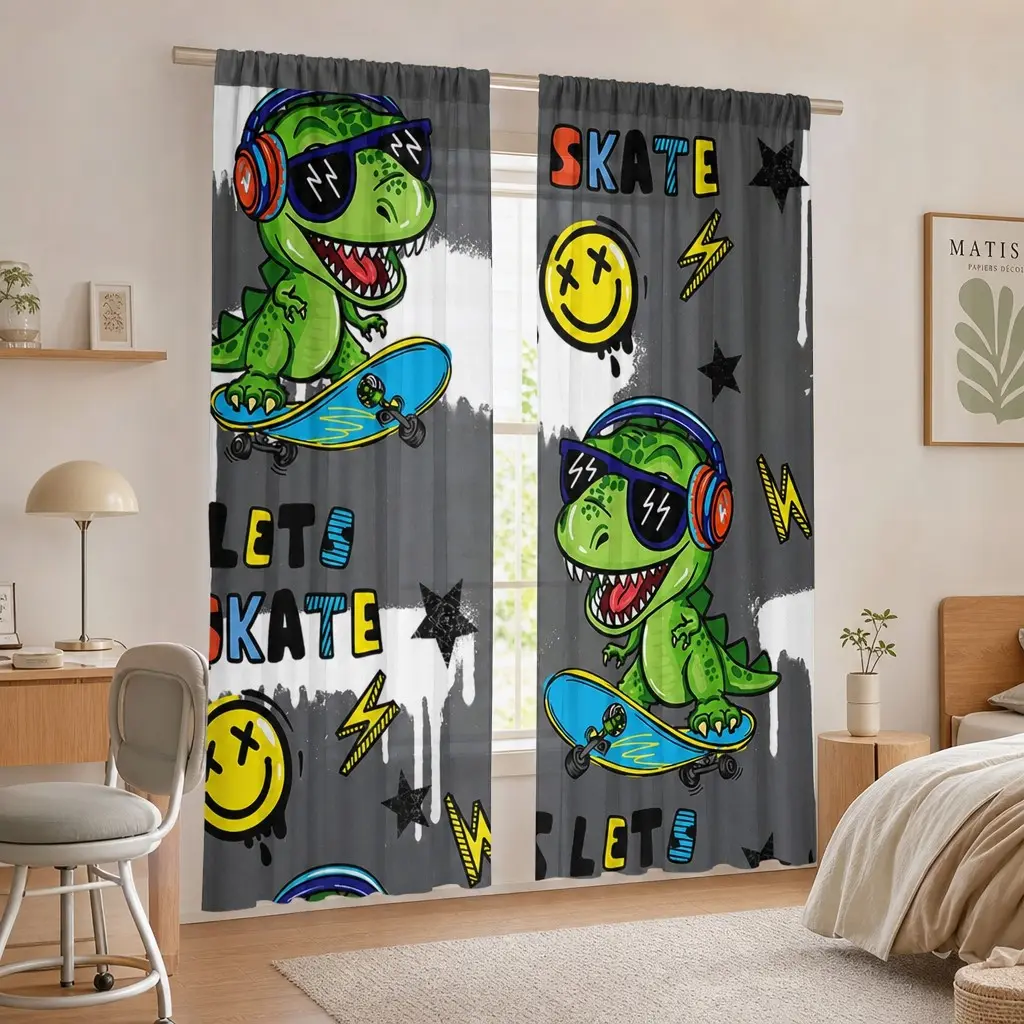 2-Pack Graffiti Skateboard Dinosaur Curtains, Semi-Transparent Cartoon Tyrannosaurus, Fashion Street Style for Kids' Rooms