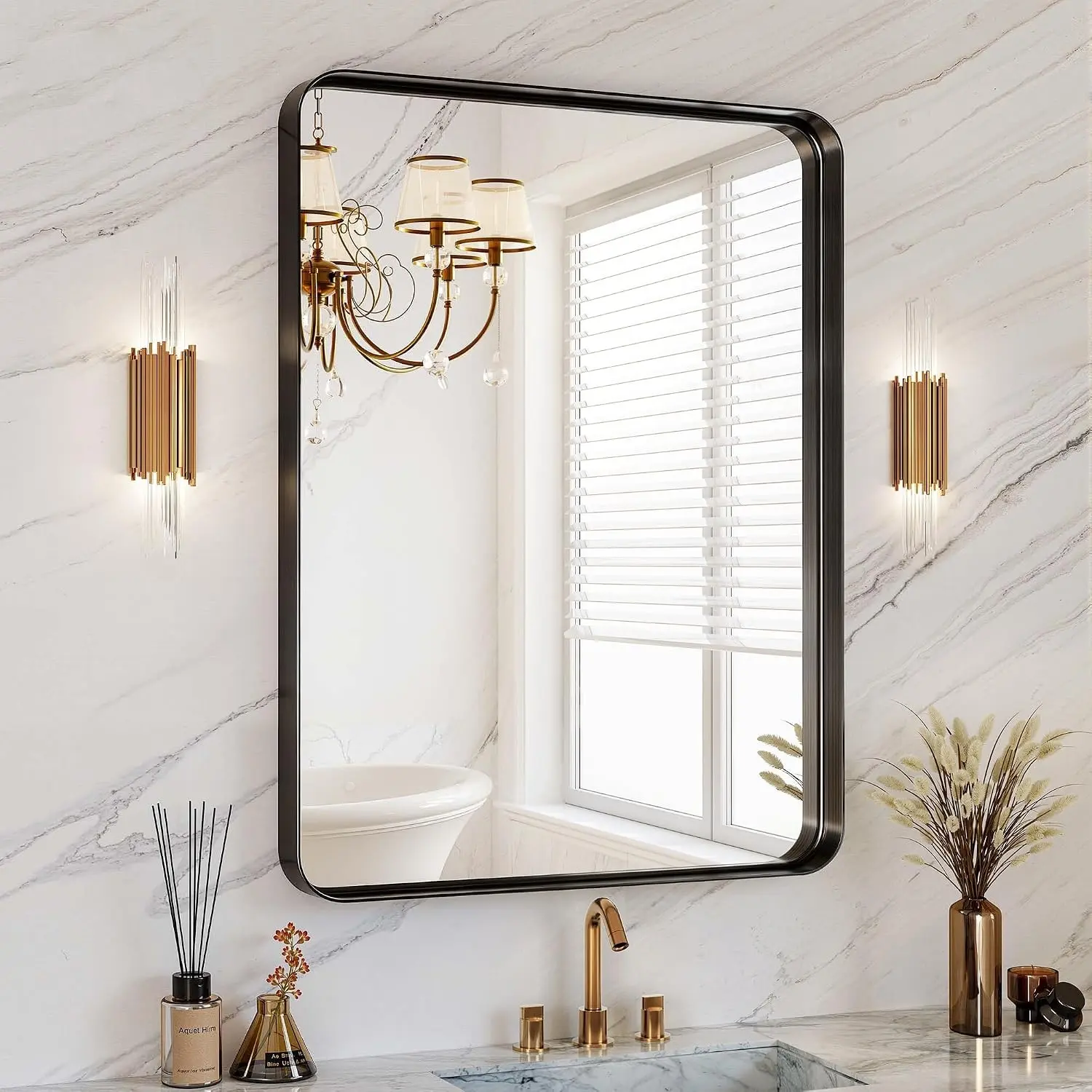 30x36 Inch Black Metal Framed Bathroom Mirror for Wall, HD Tempered Glass Vanity Mirror for Over Sink, Anti-Rust Aluminum Alloy Mirror, Farmhouse, Horizontally or Vertically Hanging