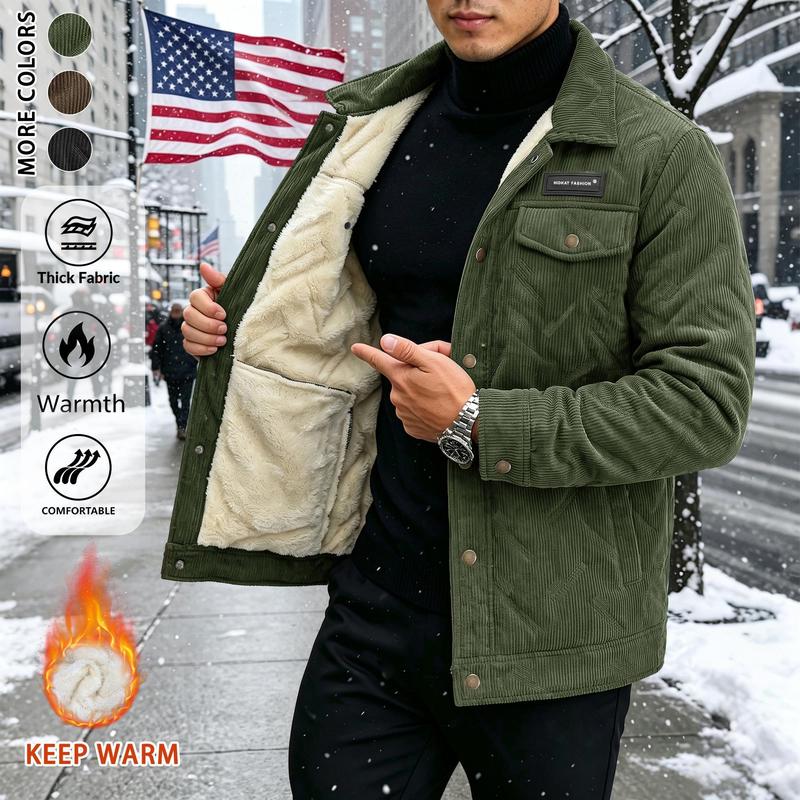 Men's Loose Winter Casual Jacket Coats - Thick Windproof Warm Fleece-Lined Menswear Tops with Multi-Pocket Snap Design for Daily Outdoor Wear